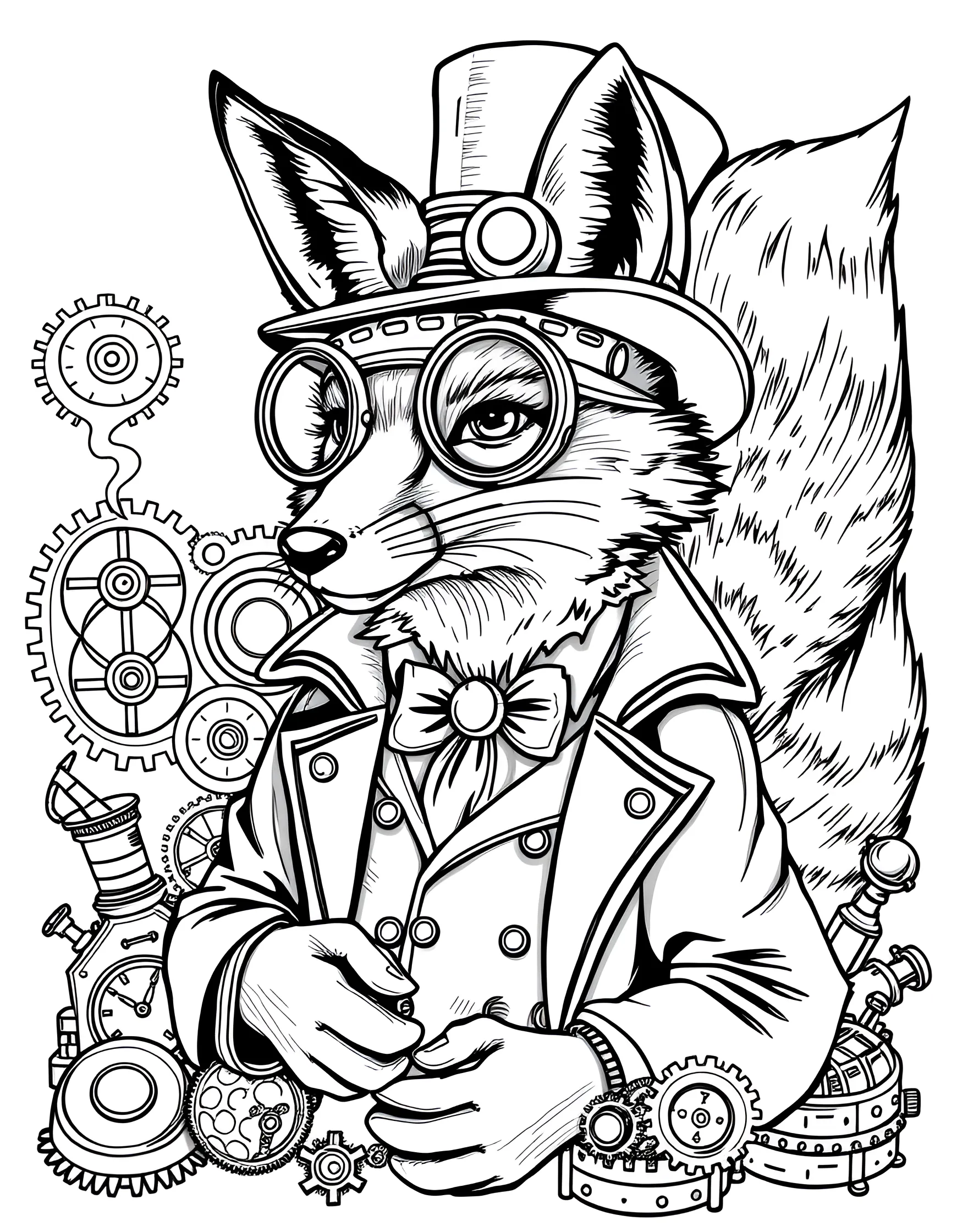 Steampunk Fox Inventor Coloring Page -- prompt: "A fox in steampunk attire with goggles, surrounded by gears and inventions." -- Unleash your creativity with this imaginative steampunk-themed fox coloring page. The fox is depicted wearing goggles and a waistcoat, surrounded by gears, cogs, and fantastical inventions. This page is perfect for those who love combining animal themes with science fiction elements.