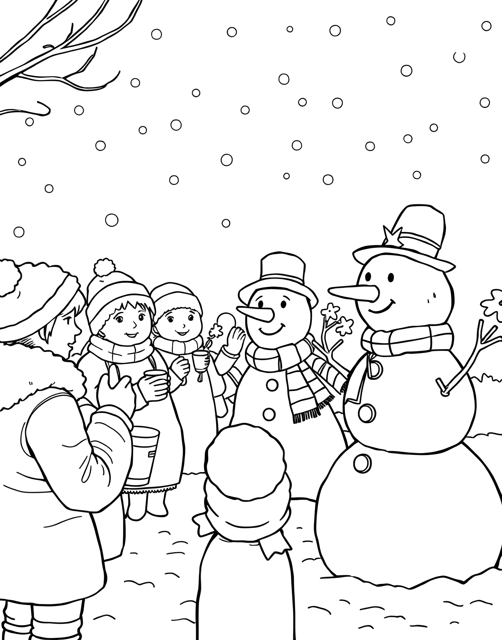 Snowman Building Championship Coloring Page -- prompt: "A snowman building competition with teams creating elaborate snowmen and judges evaluating." -- Witness the ultimate snowman showdown in this action-packed coloring page. Teams of children and adults compete to build the most impressive snowman, using an array of creative accessories. Judges with clipboards evaluate the icy creations.