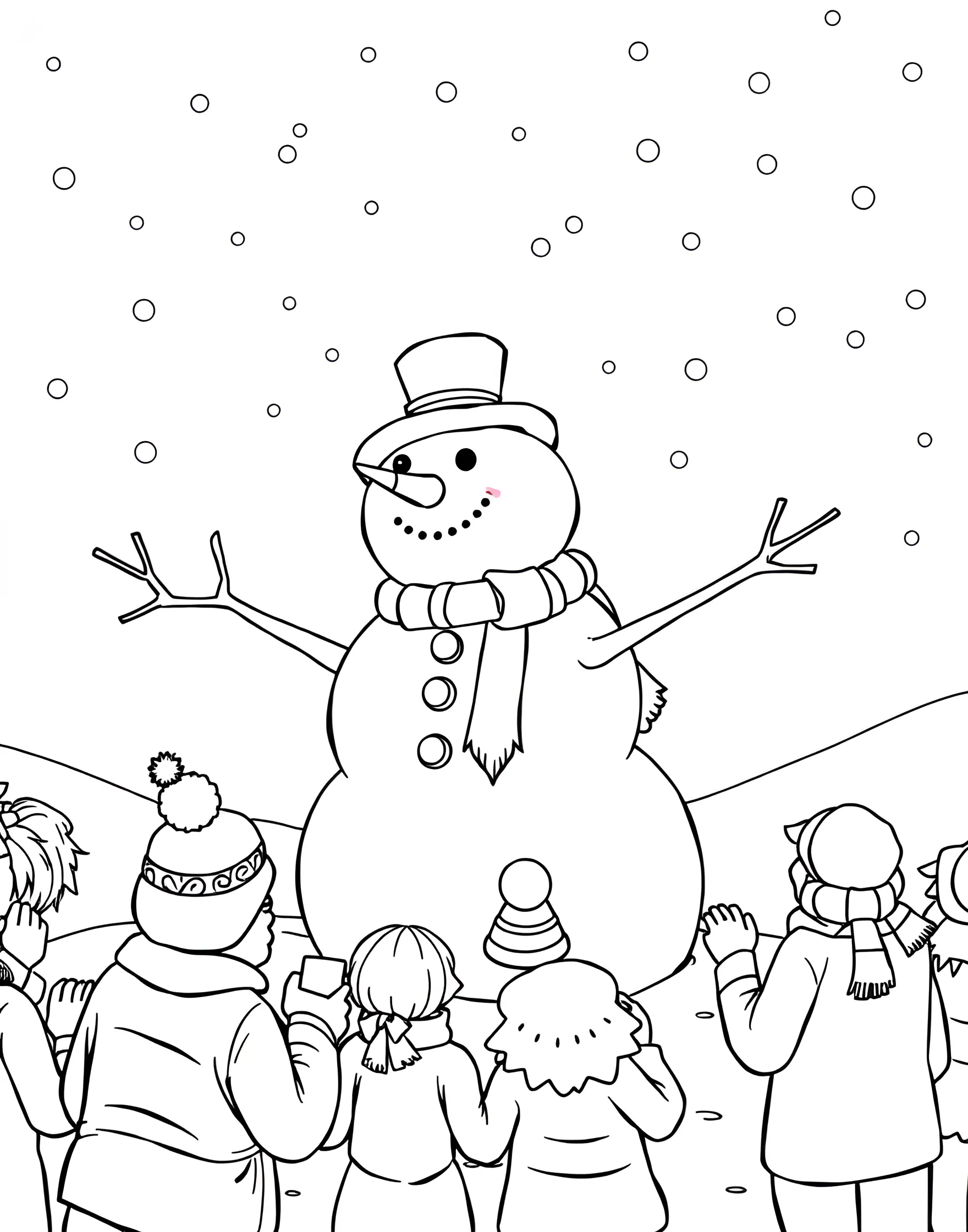 Snowman Building Championship Coloring Page -- prompt: "A snowman building competition with teams creating elaborate snowmen and judges evaluating." -- Witness the ultimate snowman showdown in this action-packed coloring page. Teams of children and adults compete to build the most impressive snowman, using an array of creative accessories. Judges with clipboards evaluate the icy creations.