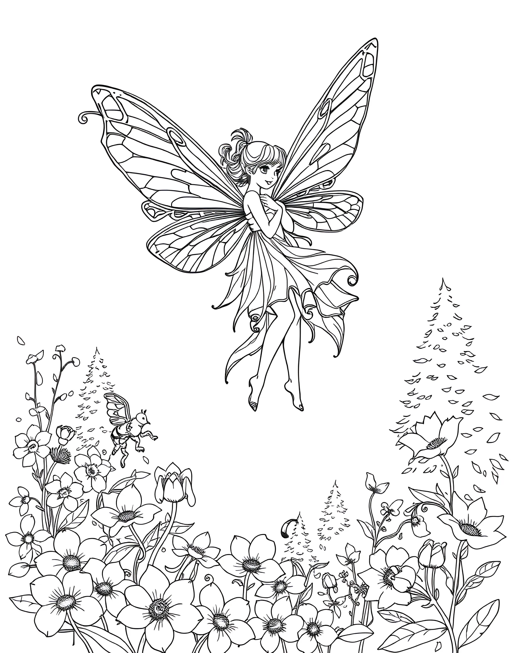 Fairy Riding a Dragonfly Coloring Page -- prompt: "A fairy riding on the back of a large dragonfly, soaring above a landscape of flowers and treetops." -- Adventure takes flight in this exciting coloring page featuring a daring fairy riding on the back of a magnificent dragonfly. The fairy's hair and dress flow in the wind as they soar above a landscape of flowers and treetops. The dragonfly's intricate wings and the fairy's determined expression offer wonderful detailing opportunities for coloring enthusiasts.