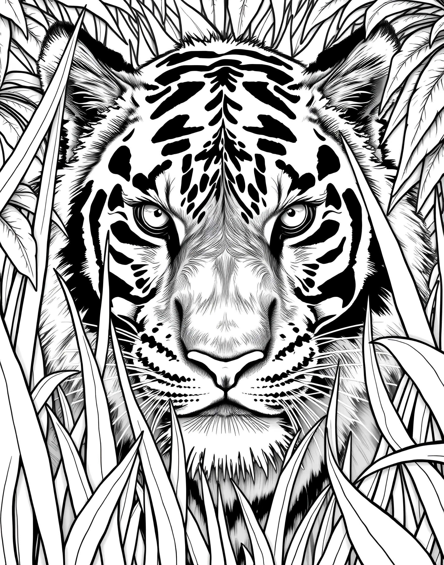 Tiger Hiding in Tall Grass Coloring Page -- prompt: "A tiger's face partially hidden in tall grass, with only its eyes clearly visible." -- Can you spot the tiger? This coloring page challenges you to find the big cat cleverly concealed in tall grass. Only the tiger's eyes and part of its face are visible, making this an exciting page for those who love hidden object games.