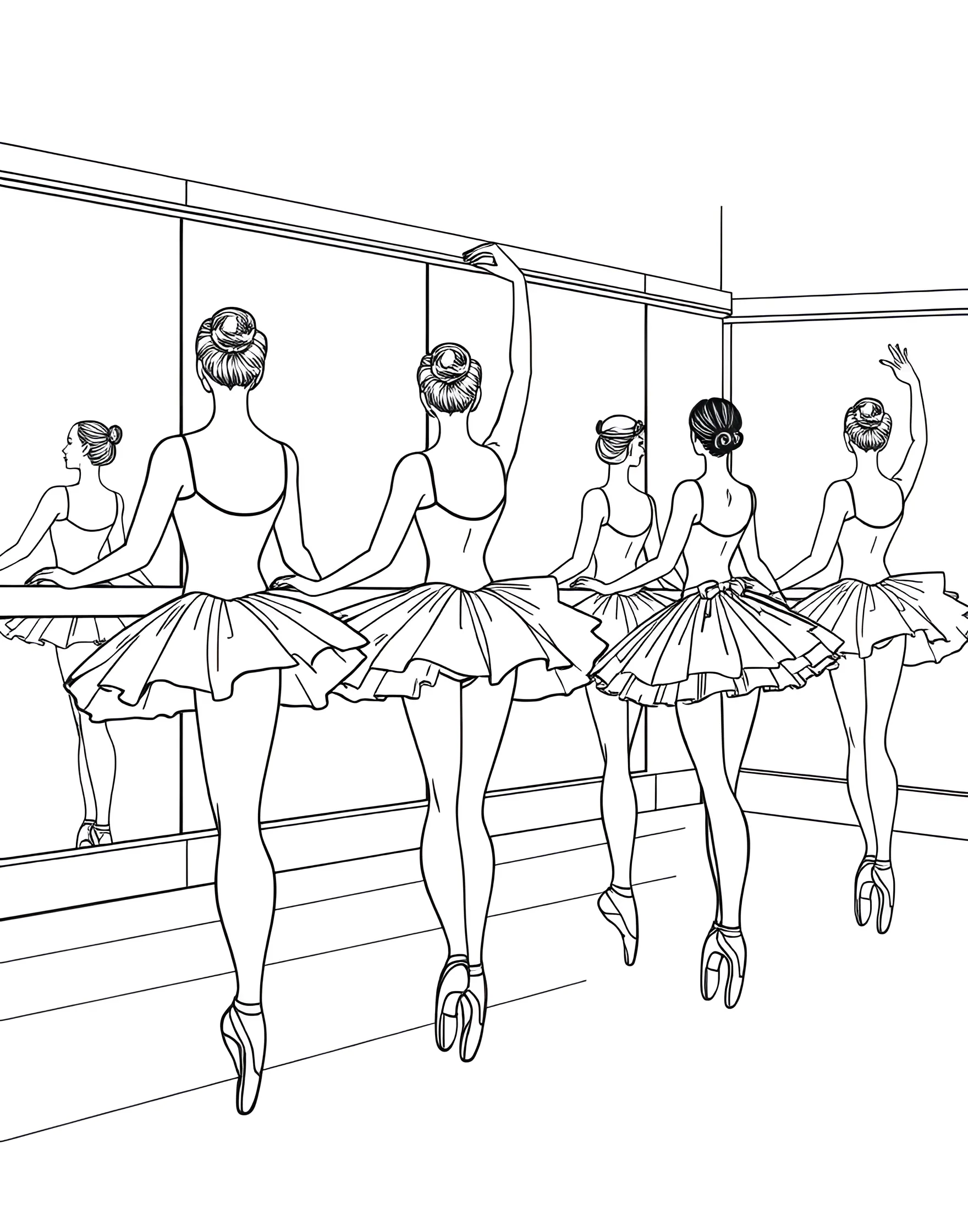 Ballet Class Warm-Up Coloring Page -- prompt: "A group of ballerinas at the barre in a dance studio, each in a different warm-up position." -- Experience the daily life of a ballerina with this charming coloring page depicting a ballet class warm-up. Multiple dancers are shown at the barre, each in a different position. The variety of poses and costumes offers a great opportunity to experiment with different color combinations.