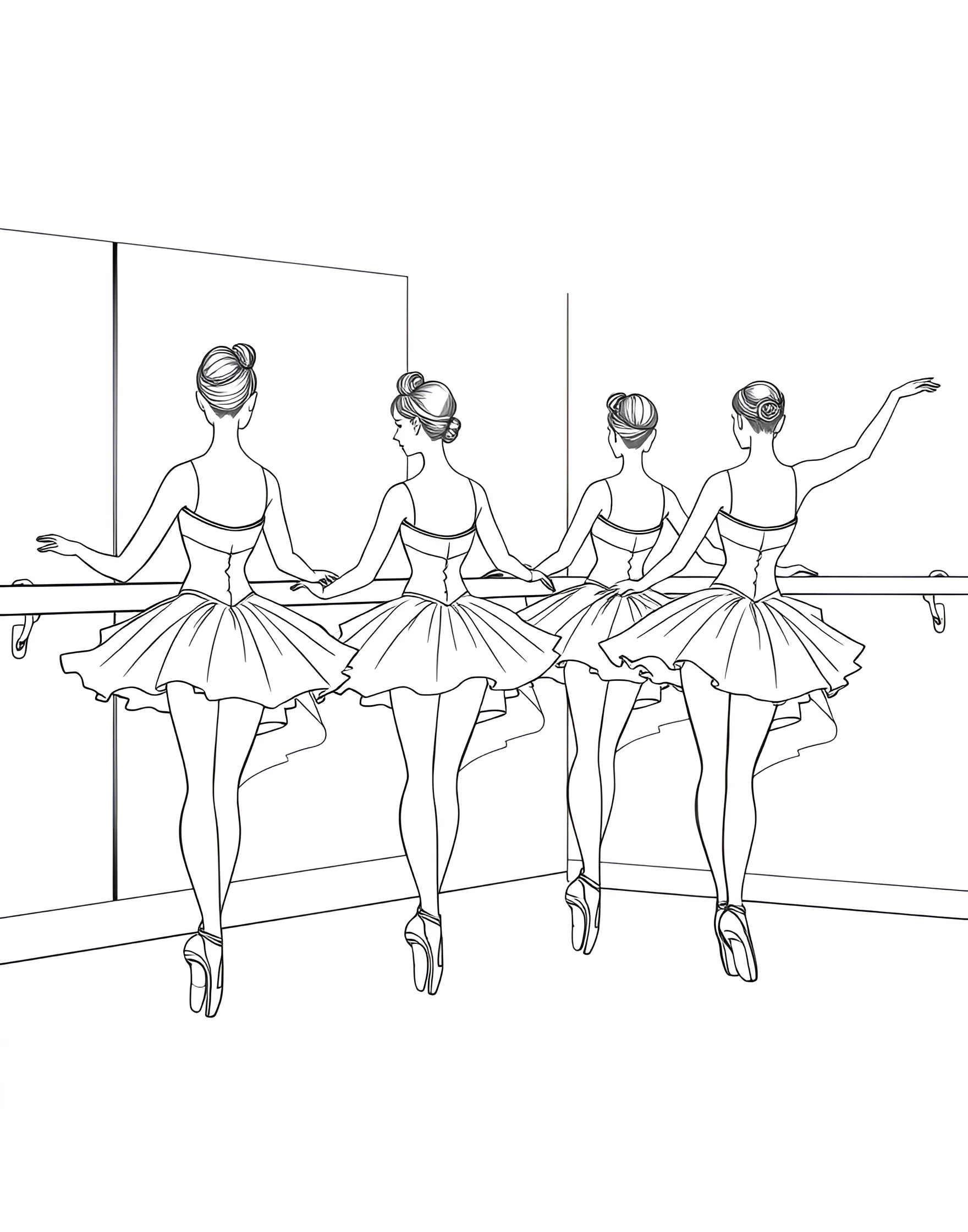 Ballet Class Warm-Up Coloring Page -- prompt: "A group of ballerinas at the barre in a dance studio, each in a different warm-up position." -- Experience the daily life of a ballerina with this charming coloring page depicting a ballet class warm-up. Multiple dancers are shown at the barre, each in a different position. The variety of poses and costumes offers a great opportunity to experiment with different color combinations.