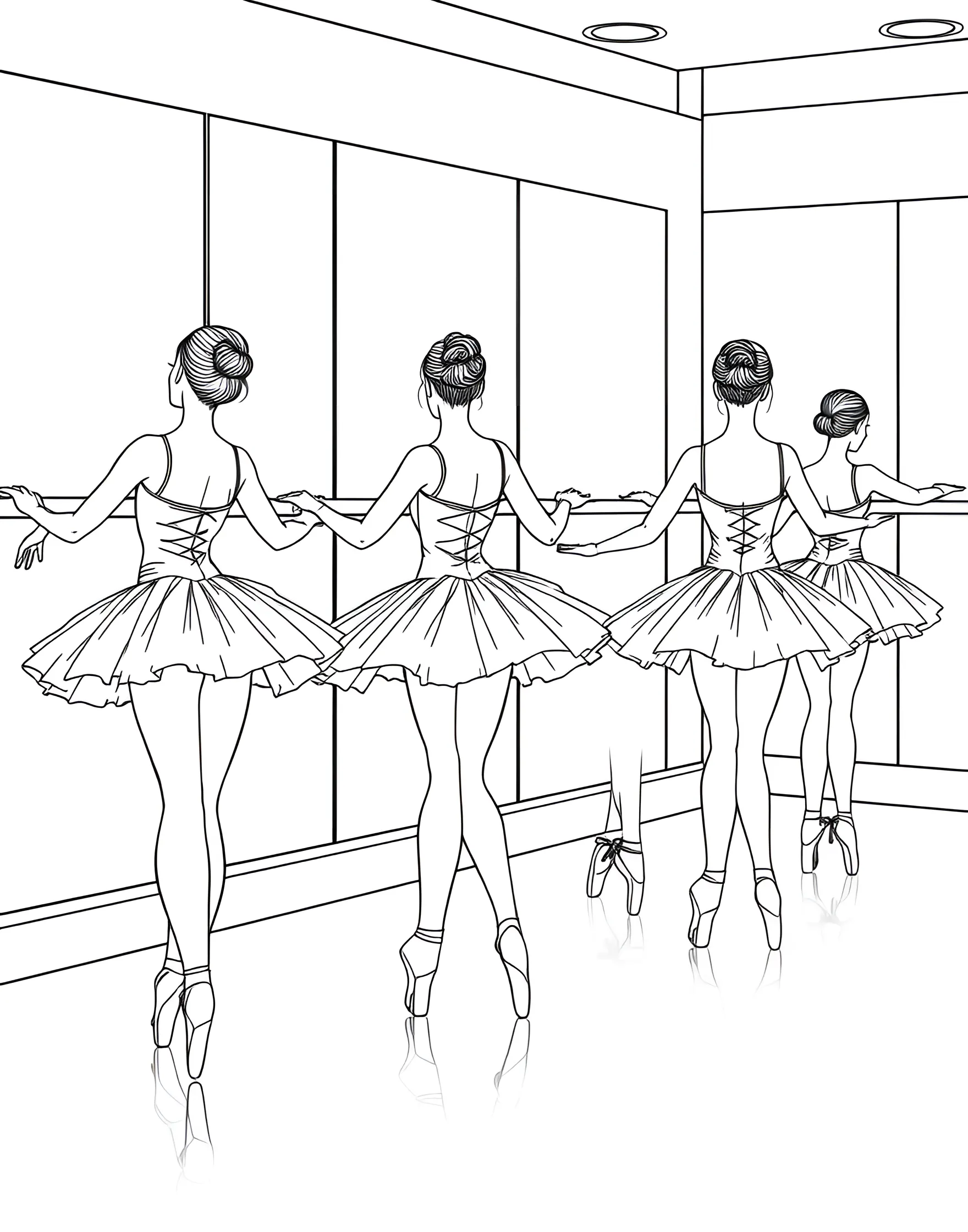 Ballet Class Warm-Up Coloring Page -- prompt: "A group of ballerinas at the barre in a dance studio, each in a different warm-up position." -- Experience the daily life of a ballerina with this charming coloring page depicting a ballet class warm-up. Multiple dancers are shown at the barre, each in a different position. The variety of poses and costumes offers a great opportunity to experiment with different color combinations.