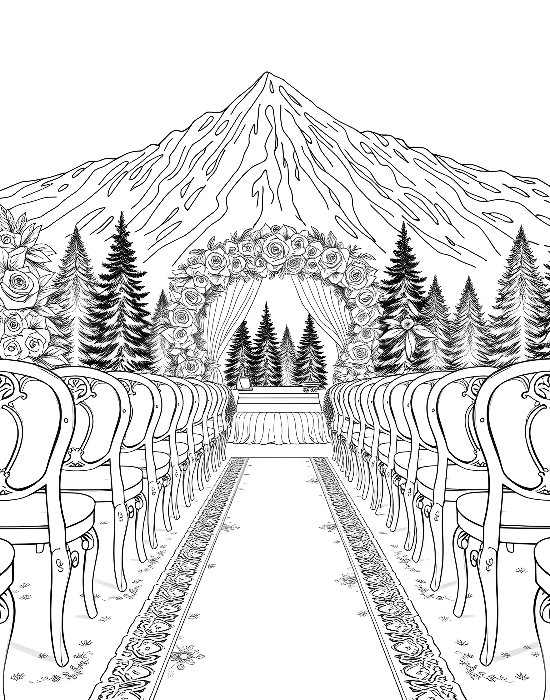 Outdoor Wedding Ceremony Coloring Page -- prompt: "An outdoor wedding ceremony setup with chairs, a floral altar, and a natural backdrop." -- Experience the beauty of nature with this outdoor wedding ceremony coloring page. Rows of chairs face an altar adorned with flowers, set against a backdrop of trees. The bride and groom stand hand in hand, ready to say their vows under the open sky.