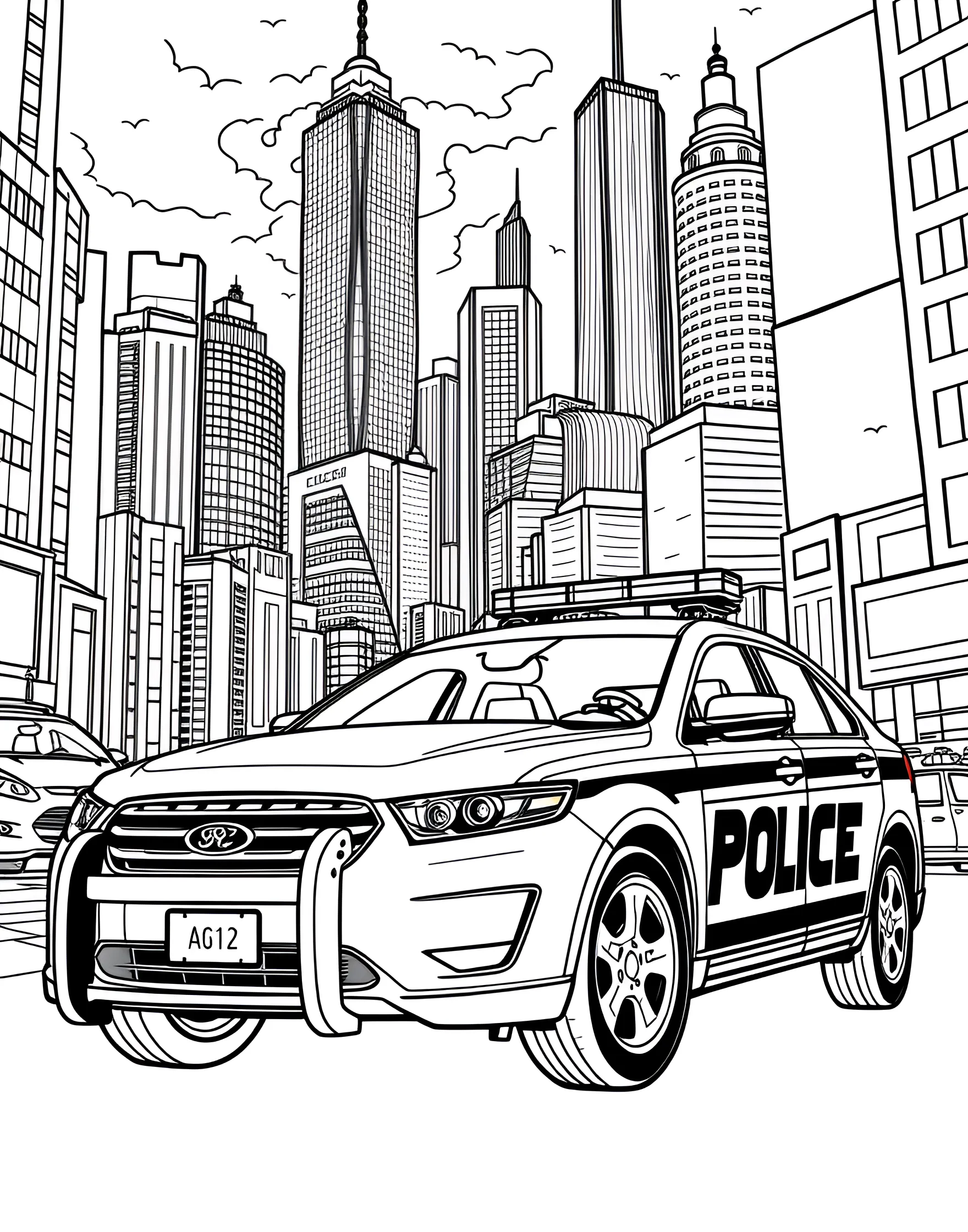 Police Car Coloring Page with City Skyline -- prompt: "A police car in the foreground with a detailed city skyline in the background." -- This detailed coloring page features a police car in the foreground with a impressive city skyline in the background. Skyscrapers and bridges offer plenty of additional elements to color. It's perfect for kids who love both vehicles and cityscapes.