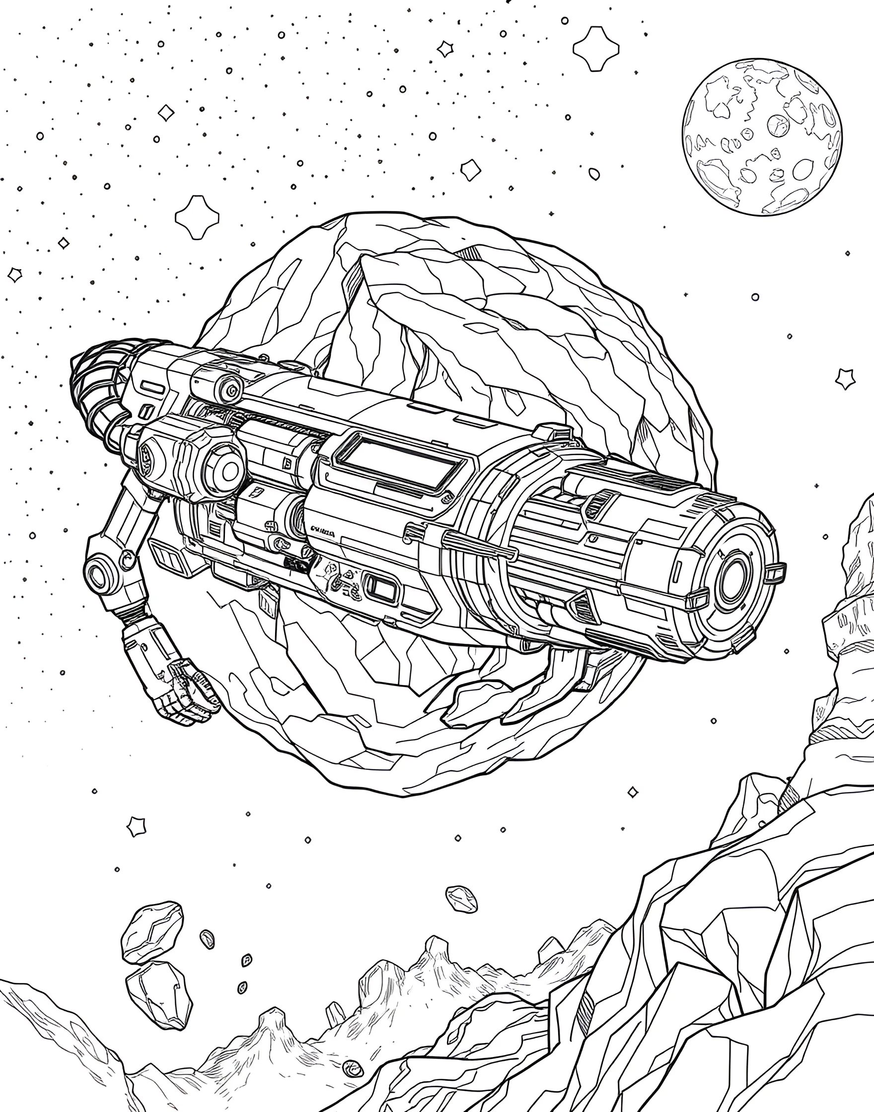 Asteroid Mining Adventure Coloring Page -- prompt: "A spacecraft with robotic arms mining a large asteroid floating in space." -- Delve into the future of space resources with this asteroid mining coloring page. The scene depicts a spacecraft attached to a large asteroid, with robotic arms extracting valuable minerals. This page sparks conversations about the potential for space-based industries and the resources available beyond Earth.