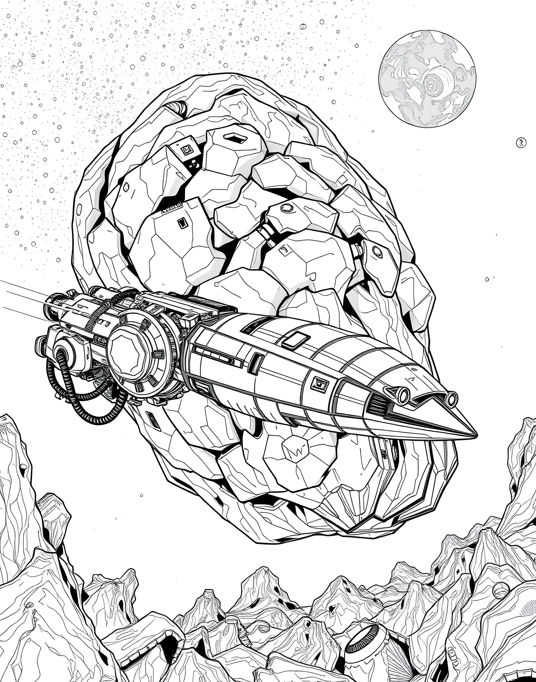 Asteroid Mining Adventure Coloring Page -- prompt: "A spacecraft with robotic arms mining a large asteroid floating in space." -- Delve into the future of space resources with this asteroid mining coloring page. The scene depicts a spacecraft attached to a large asteroid, with robotic arms extracting valuable minerals. This page sparks conversations about the potential for space-based industries and the resources available beyond Earth.