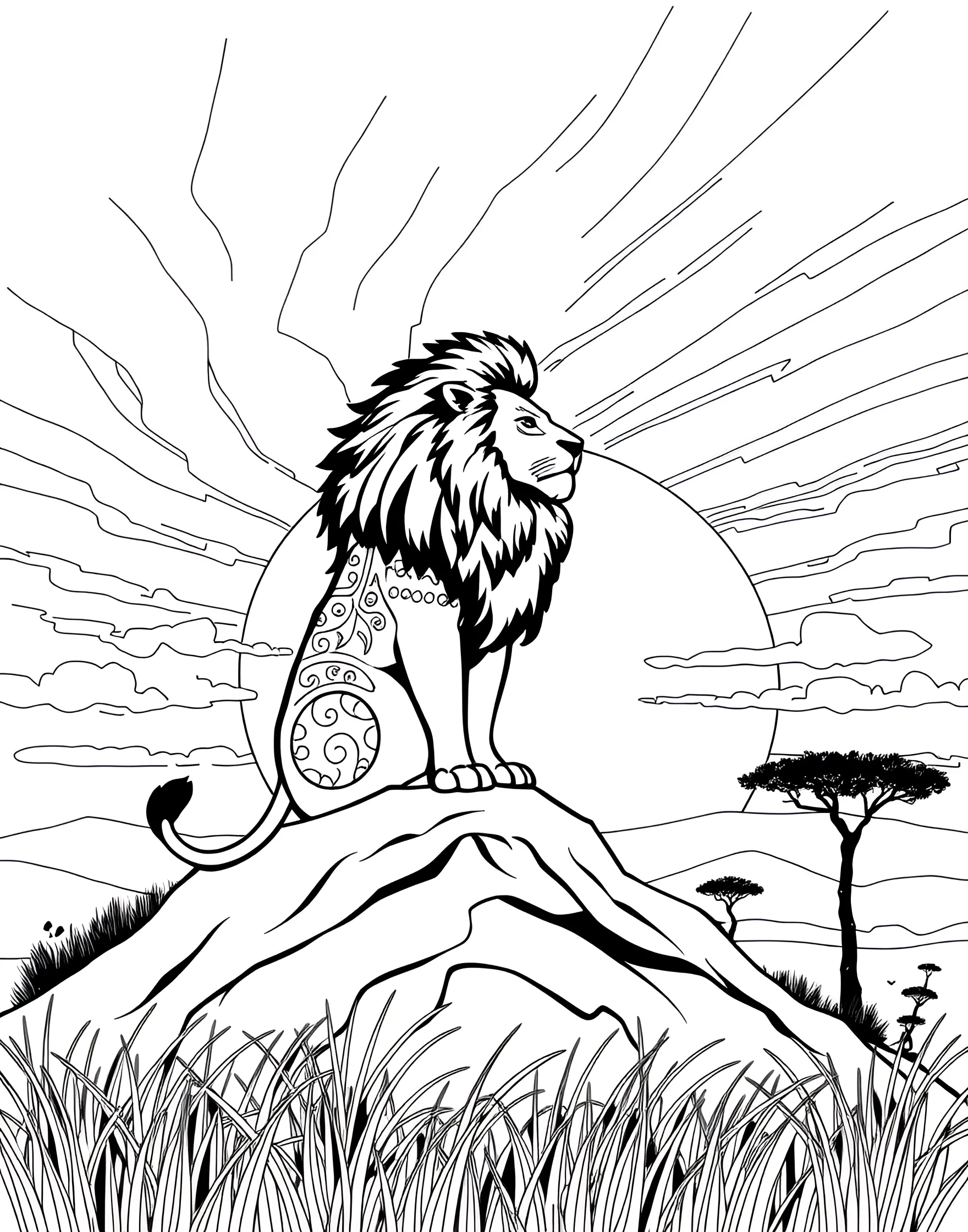 Majestic Lion Silhouette at Sunset Coloring Page -- prompt: "A lion silhouette standing on a hill against a dramatic sunset sky in the African savanna." -- This striking coloring page features the silhouette of a lion against a dramatic sunset backdrop. The lion stands proudly on a hill, its mane blowing in the wind. It's an excellent choice for those who want to experiment with bold color contrasts and create a stunning savanna sunset scene.