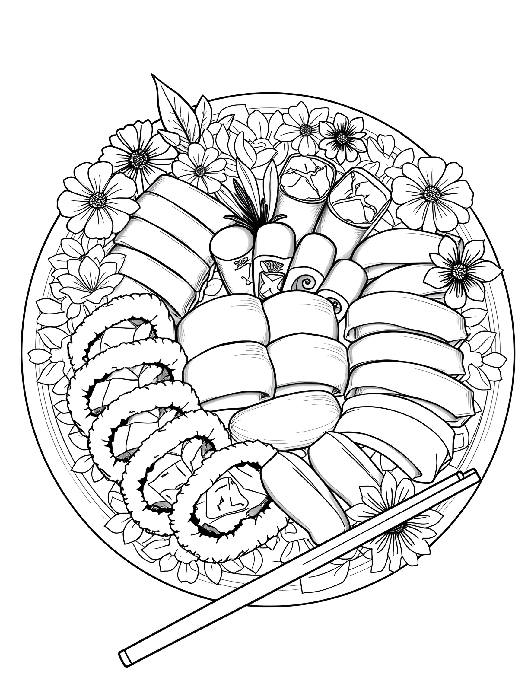 Sushi Platter Perfection Coloring Page -- prompt: "An ornate platter filled with various types of sushi, sashimi, and decorative garnishes." -- Immerse yourself in Japanese cuisine with this elaborate sushi platter coloring page. The beautifully arranged platter includes various types of sushi, sashimi, and decorative elements. It's an excellent opportunity to practice detailed coloring and learn about different sushi varieties.