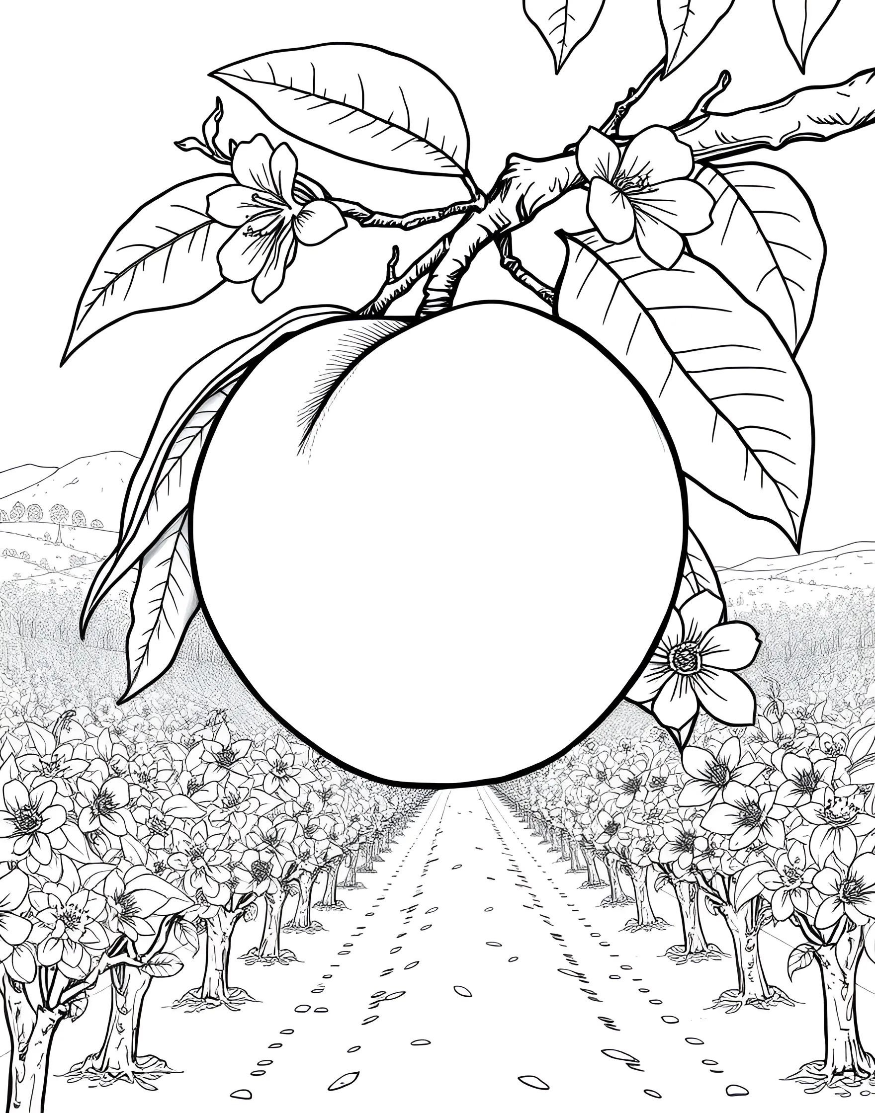 Peach Perfect Coloring Page -- prompt: "A ripe peach on a branch with peach blossoms and an orchard scene in the background." -- Experience the sweetness of summer with this peachy keen coloring page. A plump, fuzzy peach sits atop a branch, surrounded by delicate peach blossoms. In the background, a quaint orchard scene unfolds, complete with rolling hills and a rustic fence.