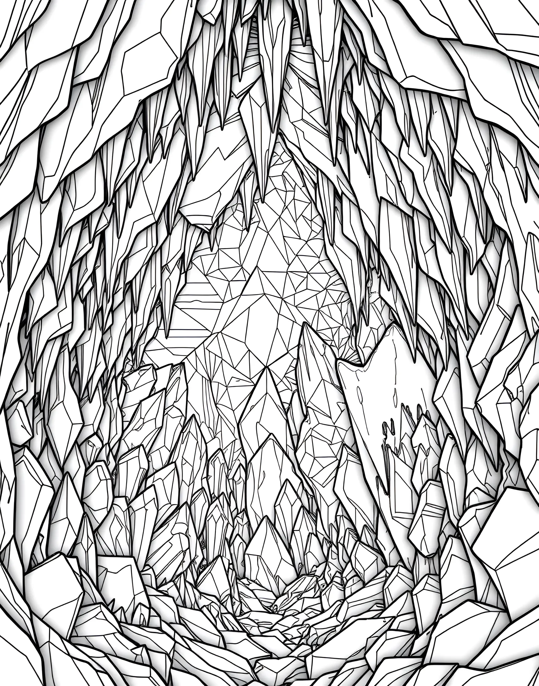 Rainbow Crystal Cave Coloring Page -- prompt: "The interior of a cave filled with geometric crystals refracting light in rainbow colors." -- Step into a dazzling underground world with this mesmerizing rainbow crystal cave coloring page. The cave walls are lined with geometric crystals, each refracting light in rainbow hues. This page offers a unique blend of natural and geometric elements, perfect for creating a striking colored piece.