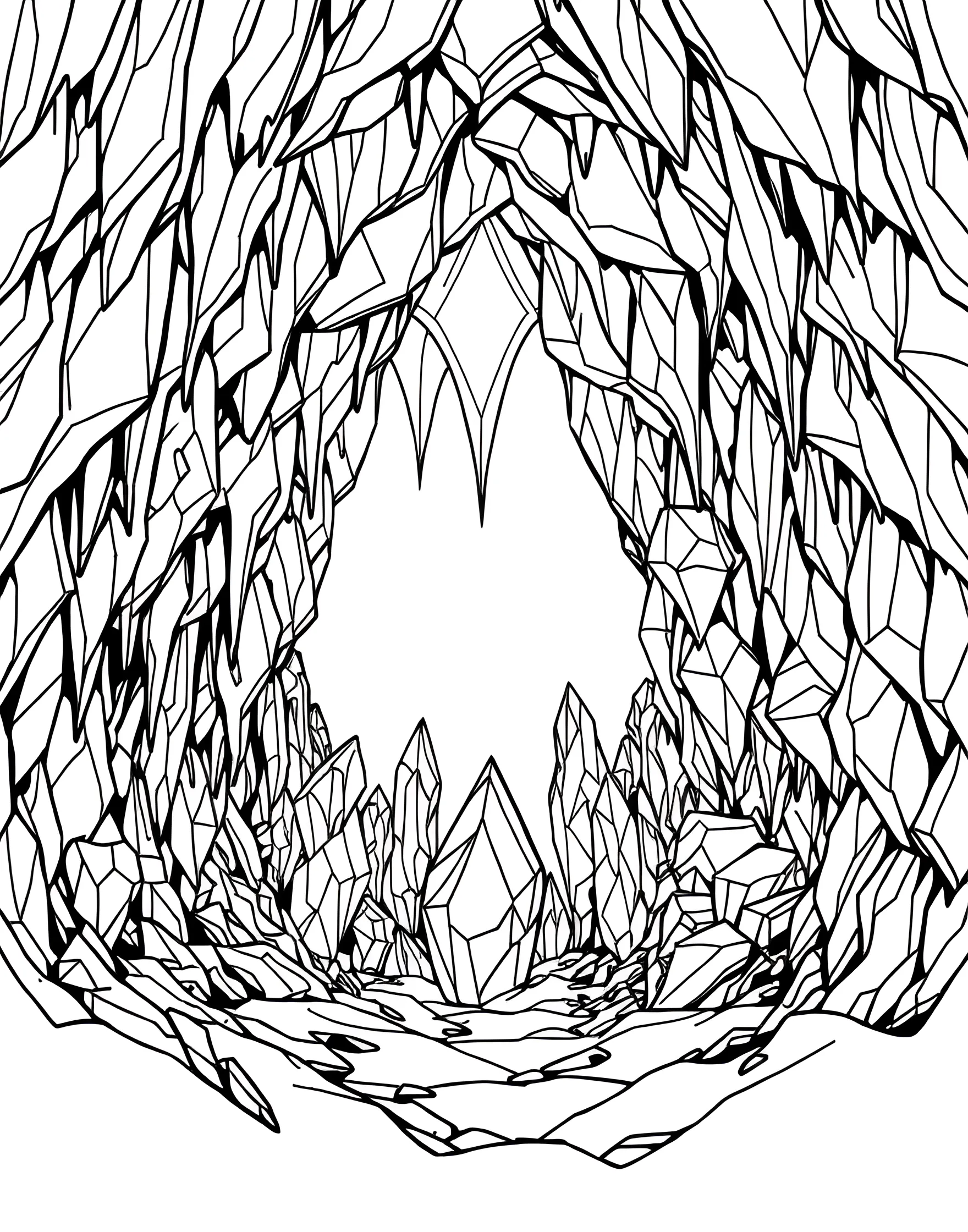 Rainbow Crystal Cave Coloring Page -- prompt: "The interior of a cave filled with geometric crystals refracting light in rainbow colors." -- Step into a dazzling underground world with this mesmerizing rainbow crystal cave coloring page. The cave walls are lined with geometric crystals, each refracting light in rainbow hues. This page offers a unique blend of natural and geometric elements, perfect for creating a striking colored piece.