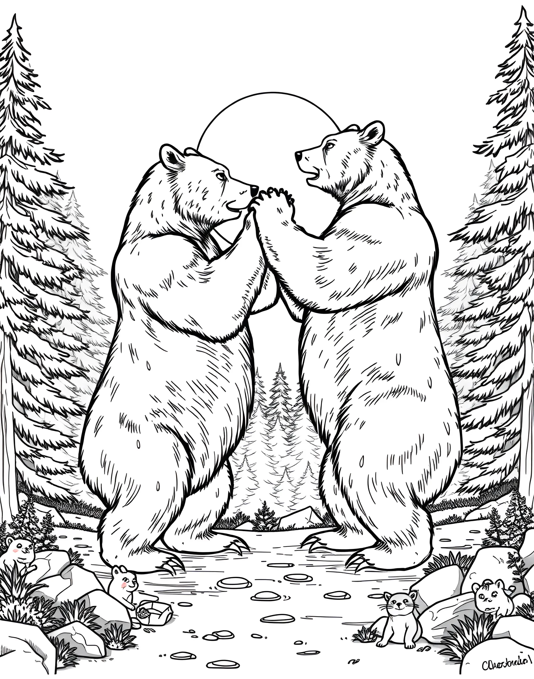 Grizzly Bears Wrestling Coloring Page -- prompt: "Two grizzly bears standing up and wrestling with each other in a forest clearing." -- Witness the raw power of nature with this dynamic coloring page featuring two grizzly bears wrestling. The bears are locked in a fierce but playful battle, showcasing their strength and agility. This exciting scene offers insight into bear behavior and social interactions.