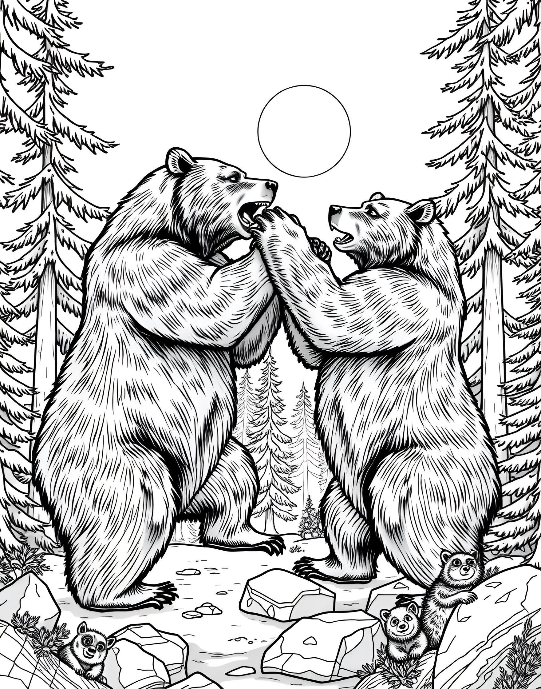 Grizzly Bears Wrestling Coloring Page -- prompt: "Two grizzly bears standing up and wrestling with each other in a forest clearing." -- Witness the raw power of nature with this dynamic coloring page featuring two grizzly bears wrestling. The bears are locked in a fierce but playful battle, showcasing their strength and agility. This exciting scene offers insight into bear behavior and social interactions.