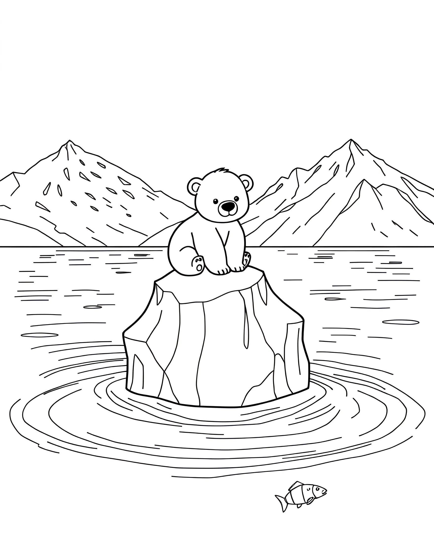 Cuddly Polar Bear Cub on an Iceberg Coloring Page -- prompt: "A cartoon polar bear cub sitting on a small iceberg floating in the Arctic sea, with snowy mountains in the distance." -- This heartwarming coloring page features an adorable polar bear cub perched atop a small iceberg. The cub's fluffy fur and curious expression are charmingly portrayed. This page is perfect for creating a cool, arctic atmosphere with various shades of blue and white.