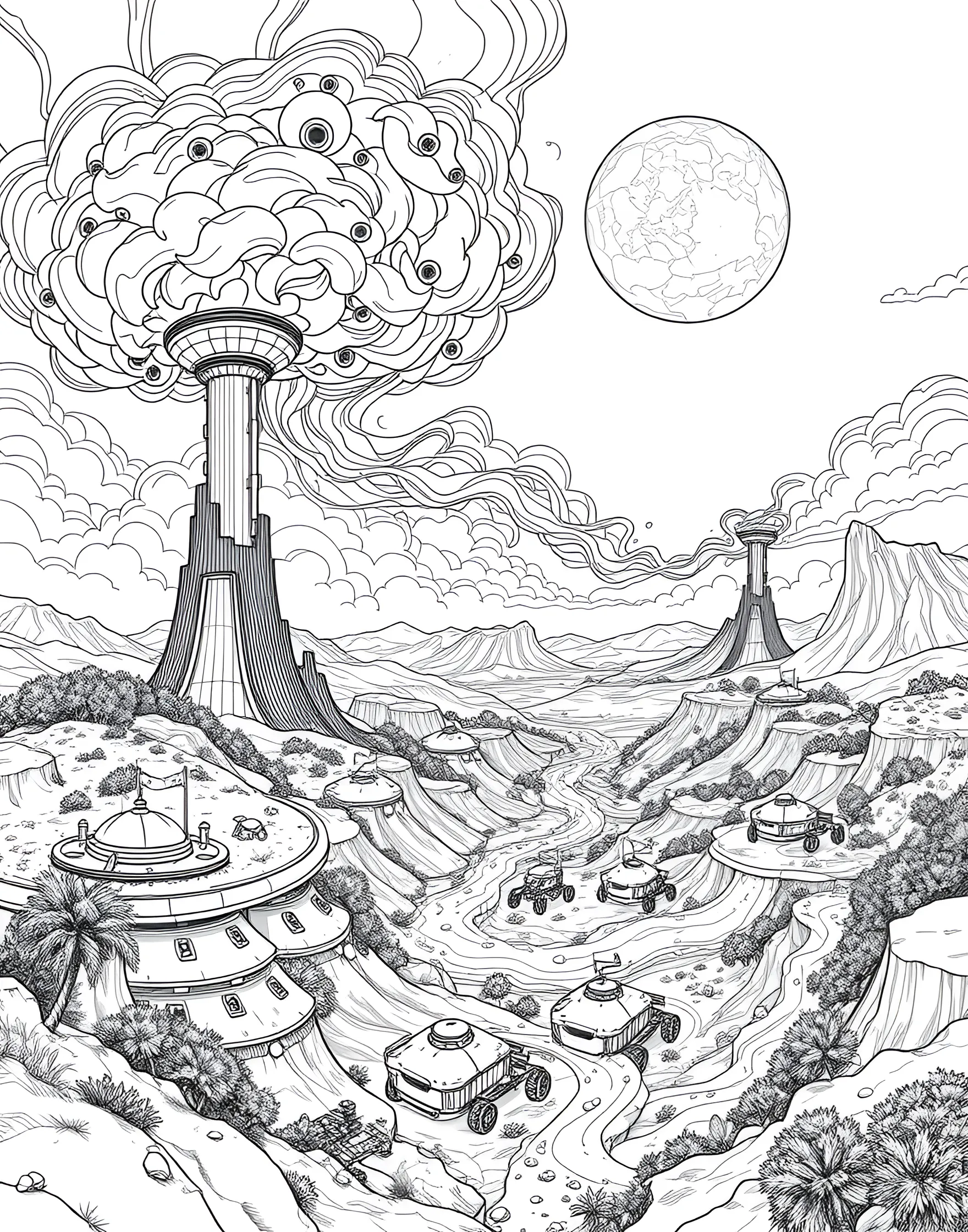 Martian Terraforming Project Coloring Page -- prompt: "A landscape showing various stages of Mars terraforming, with atmospheric generators, growing vegetation, and forming water bodies." -- Envision the transformation of Mars with this terraforming project coloring page. The scene shows various stages of the terraforming process, from initial atmospheric generators to growing vegetation and forming water bodies. Scientists and terraforming equipment dot the landscape, working to make Mars habitable for humans.