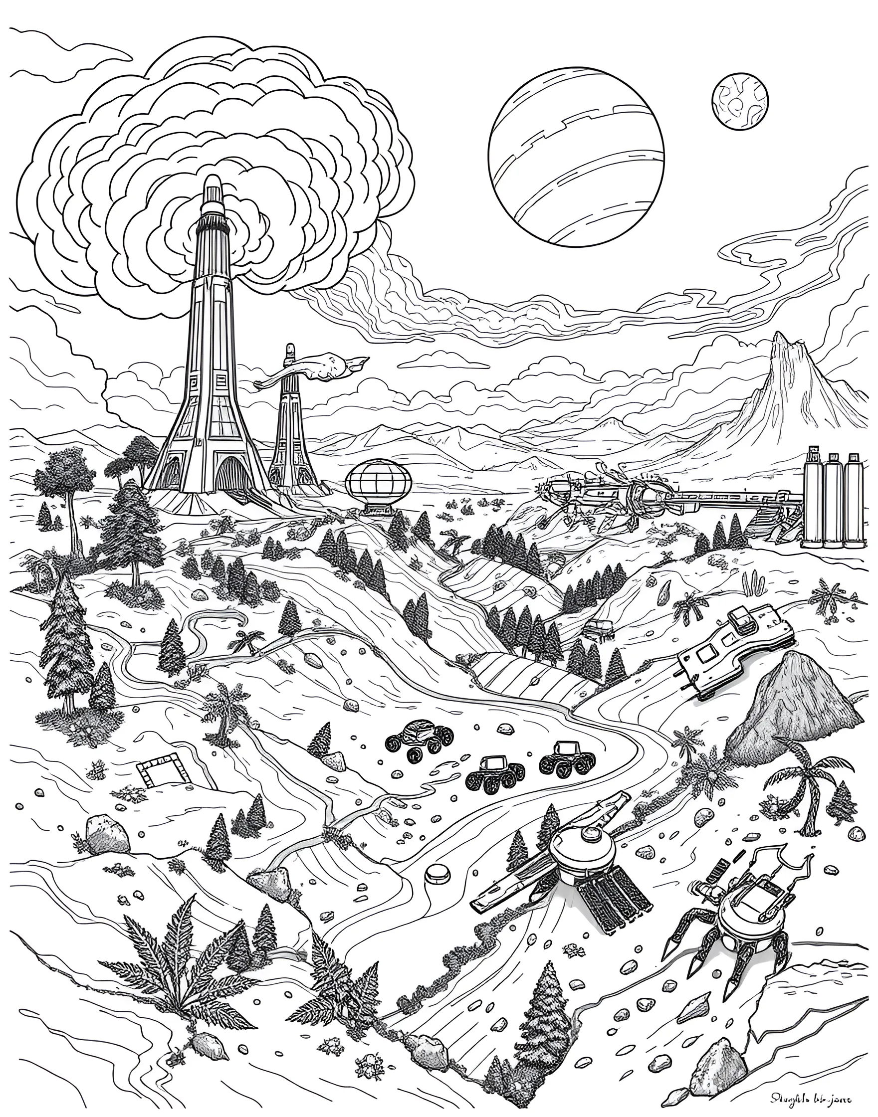 Martian Terraforming Project Coloring Page -- prompt: "A landscape showing various stages of Mars terraforming, with atmospheric generators, growing vegetation, and forming water bodies." -- Envision the transformation of Mars with this terraforming project coloring page. The scene shows various stages of the terraforming process, from initial atmospheric generators to growing vegetation and forming water bodies. Scientists and terraforming equipment dot the landscape, working to make Mars habitable for humans.