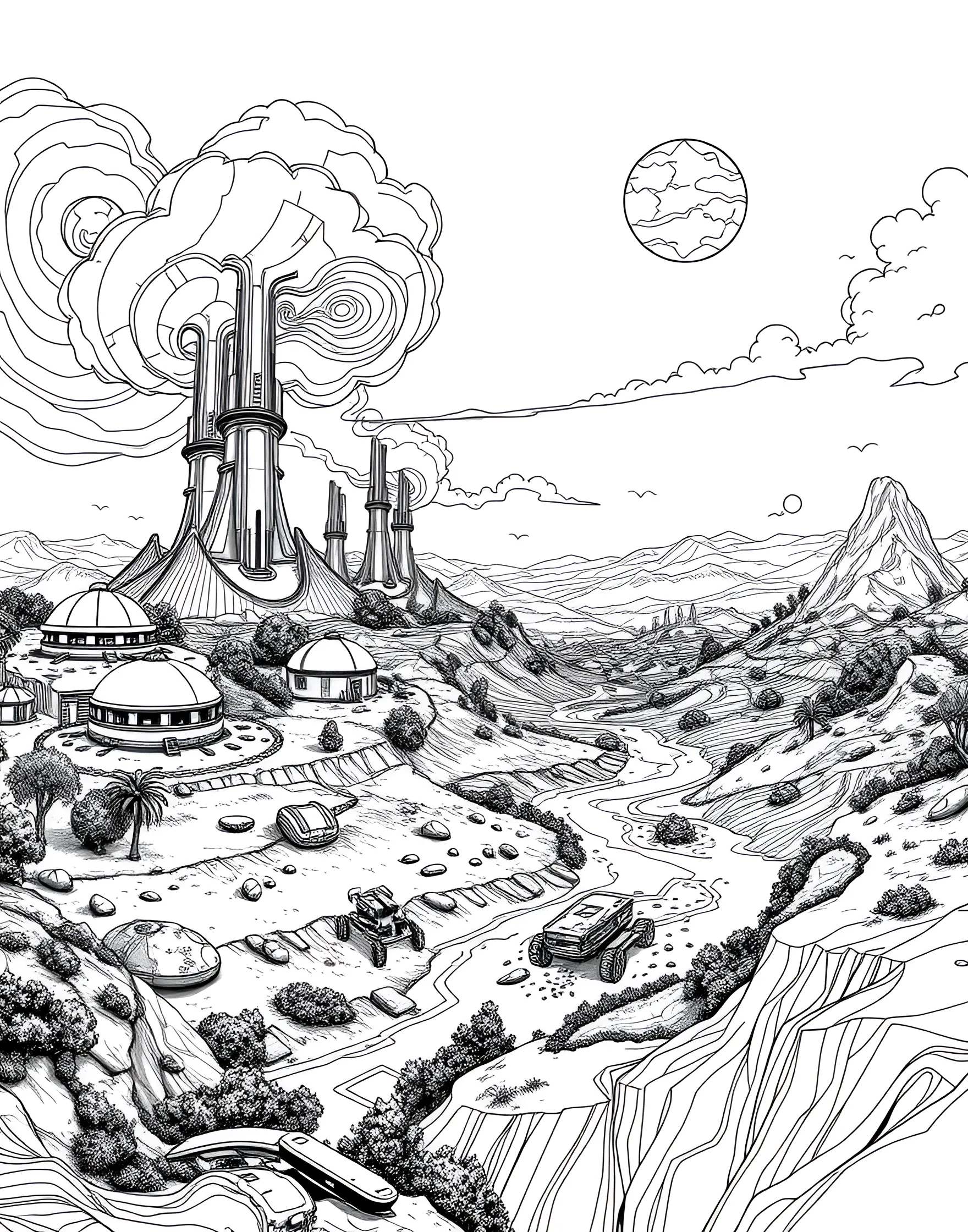 Martian Terraforming Project Coloring Page -- prompt: "A landscape showing various stages of Mars terraforming, with atmospheric generators, growing vegetation, and forming water bodies." -- Envision the transformation of Mars with this terraforming project coloring page. The scene shows various stages of the terraforming process, from initial atmospheric generators to growing vegetation and forming water bodies. Scientists and terraforming equipment dot the landscape, working to make Mars habitable for humans.