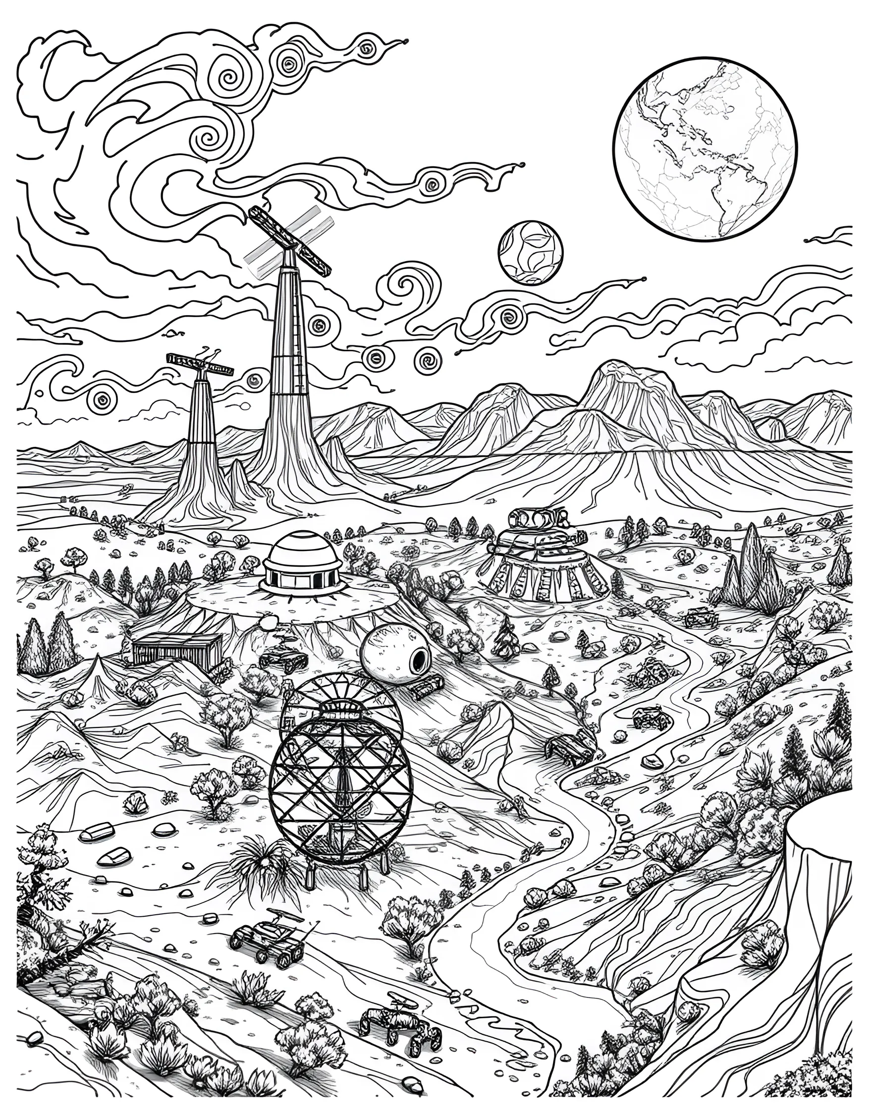 Martian Terraforming Project Coloring Page -- prompt: "A landscape showing various stages of Mars terraforming, with atmospheric generators, growing vegetation, and forming water bodies." -- Envision the transformation of Mars with this terraforming project coloring page. The scene shows various stages of the terraforming process, from initial atmospheric generators to growing vegetation and forming water bodies. Scientists and terraforming equipment dot the landscape, working to make Mars habitable for humans.