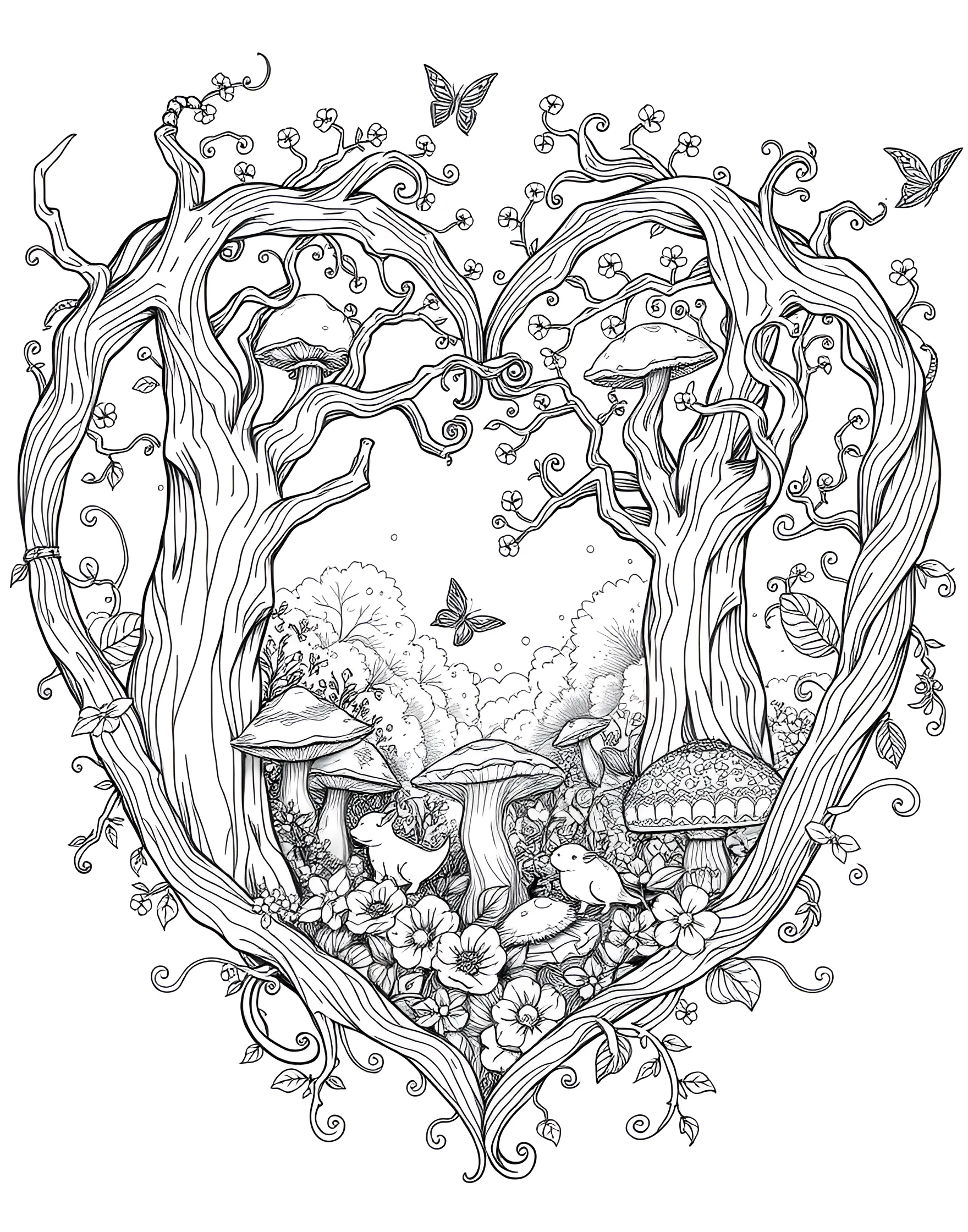 Enchanted Forest Heart Coloring Page -- prompt: "A heart containing an enchanted forest scene with whimsical trees, mushrooms, and forest creatures." -- This magical coloring page showcases a heart filled with an enchanted forest scene. Whimsical trees, mushrooms, and forest creatures are nestled within the heart shape, creating a fairytale-like atmosphere. This page is ideal for nature lovers and those who find romance in the mystery of forests.