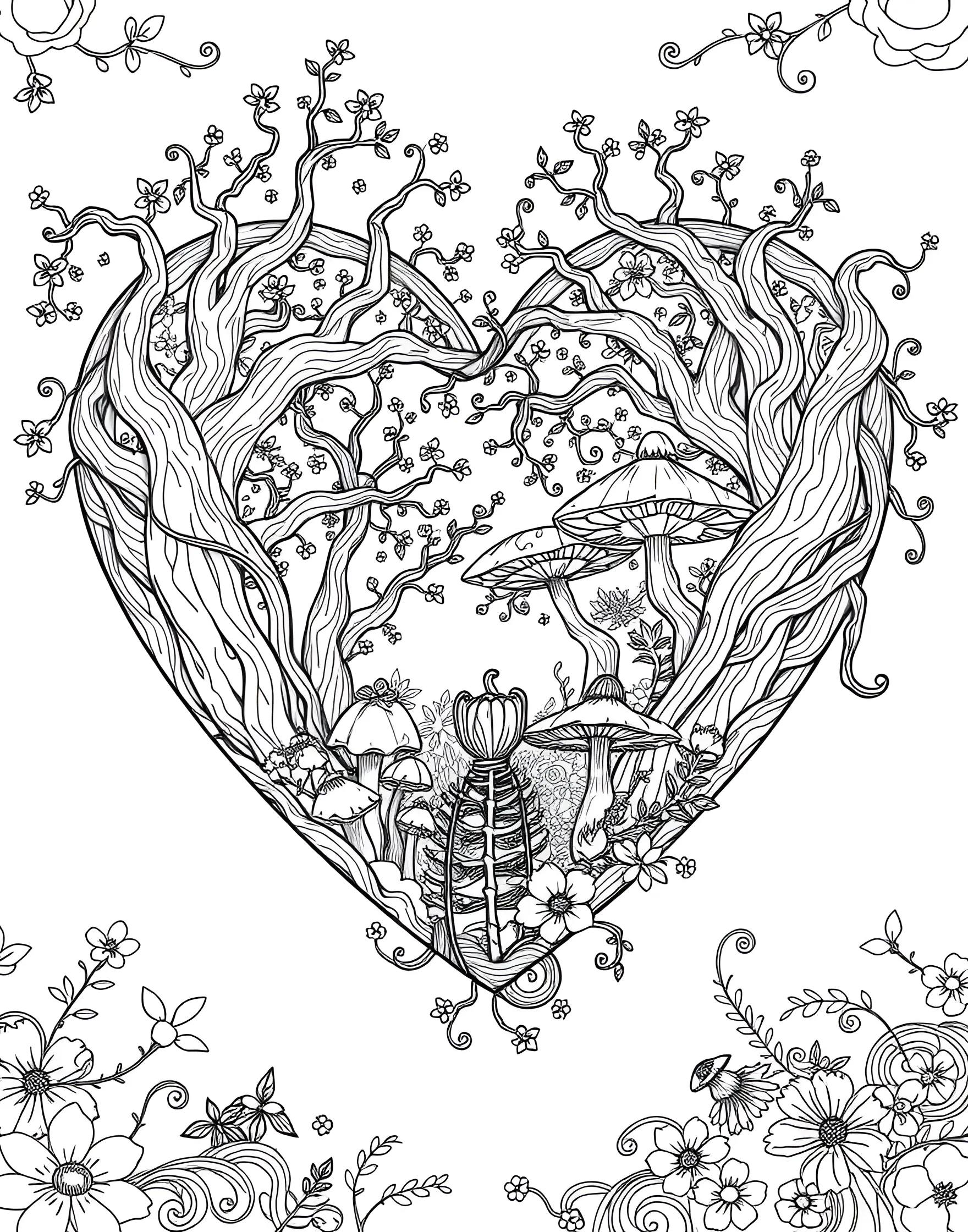 Enchanted Forest Heart Coloring Page -- prompt: "A heart containing an enchanted forest scene with whimsical trees, mushrooms, and forest creatures." -- This magical coloring page showcases a heart filled with an enchanted forest scene. Whimsical trees, mushrooms, and forest creatures are nestled within the heart shape, creating a fairytale-like atmosphere. This page is ideal for nature lovers and those who find romance in the mystery of forests.