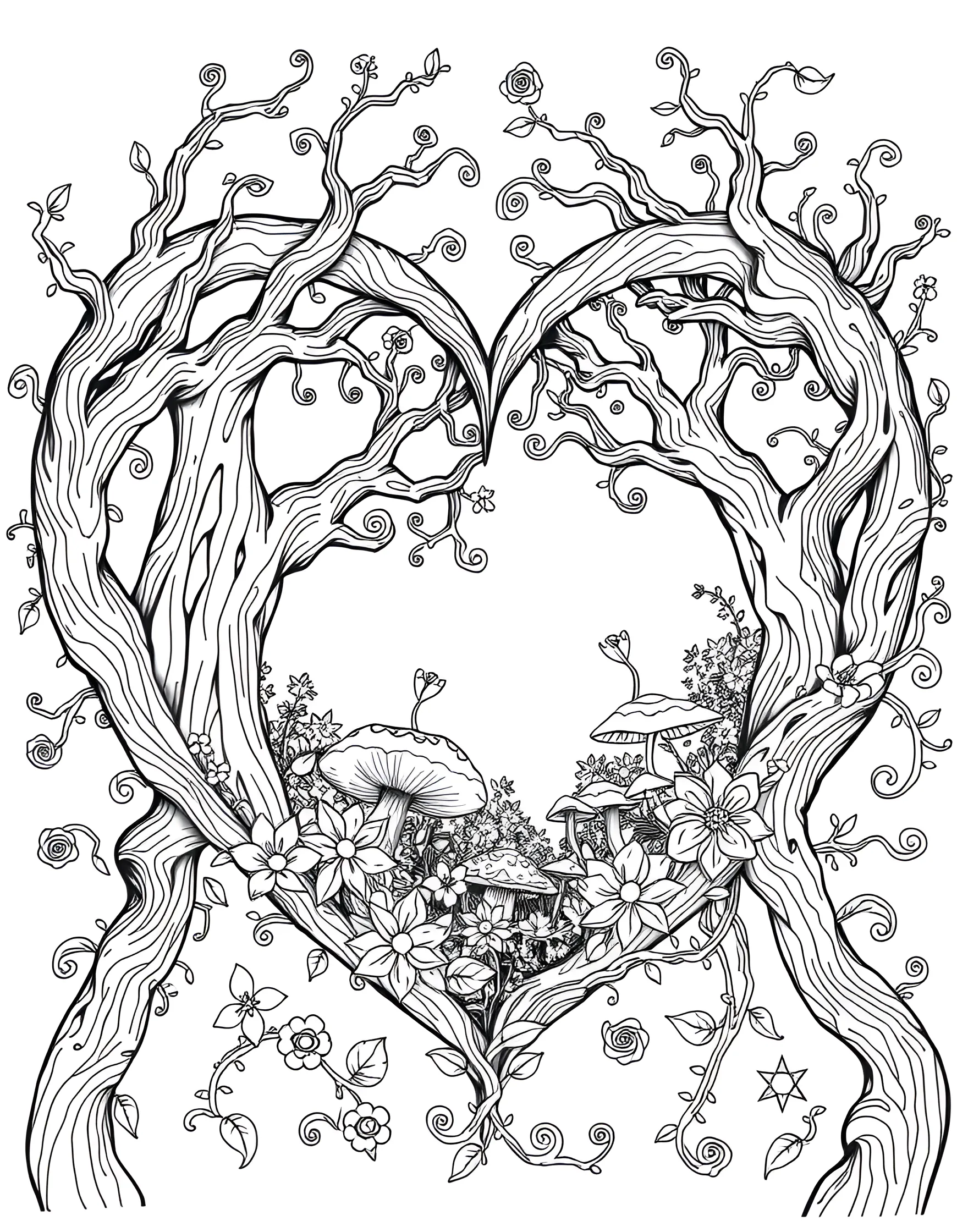 Enchanted Forest Heart Coloring Page -- prompt: "A heart containing an enchanted forest scene with whimsical trees, mushrooms, and forest creatures." -- This magical coloring page showcases a heart filled with an enchanted forest scene. Whimsical trees, mushrooms, and forest creatures are nestled within the heart shape, creating a fairytale-like atmosphere. This page is ideal for nature lovers and those who find romance in the mystery of forests.