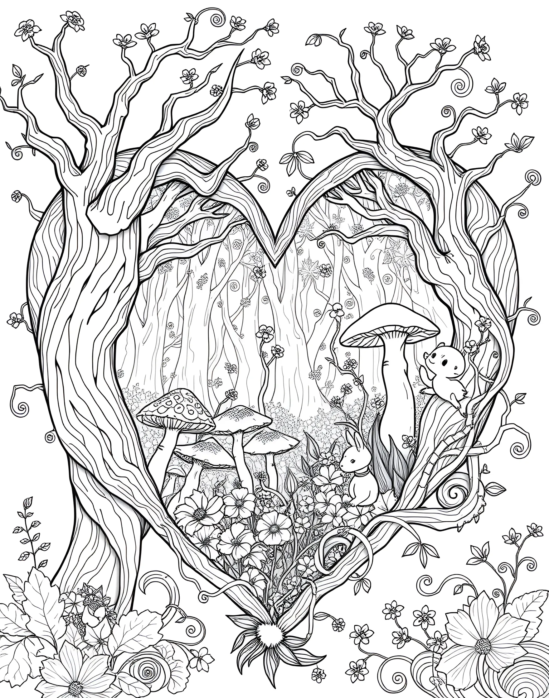 Enchanted Forest Heart Coloring Page -- prompt: "A heart containing an enchanted forest scene with whimsical trees, mushrooms, and forest creatures." -- This magical coloring page showcases a heart filled with an enchanted forest scene. Whimsical trees, mushrooms, and forest creatures are nestled within the heart shape, creating a fairytale-like atmosphere. This page is ideal for nature lovers and those who find romance in the mystery of forests.