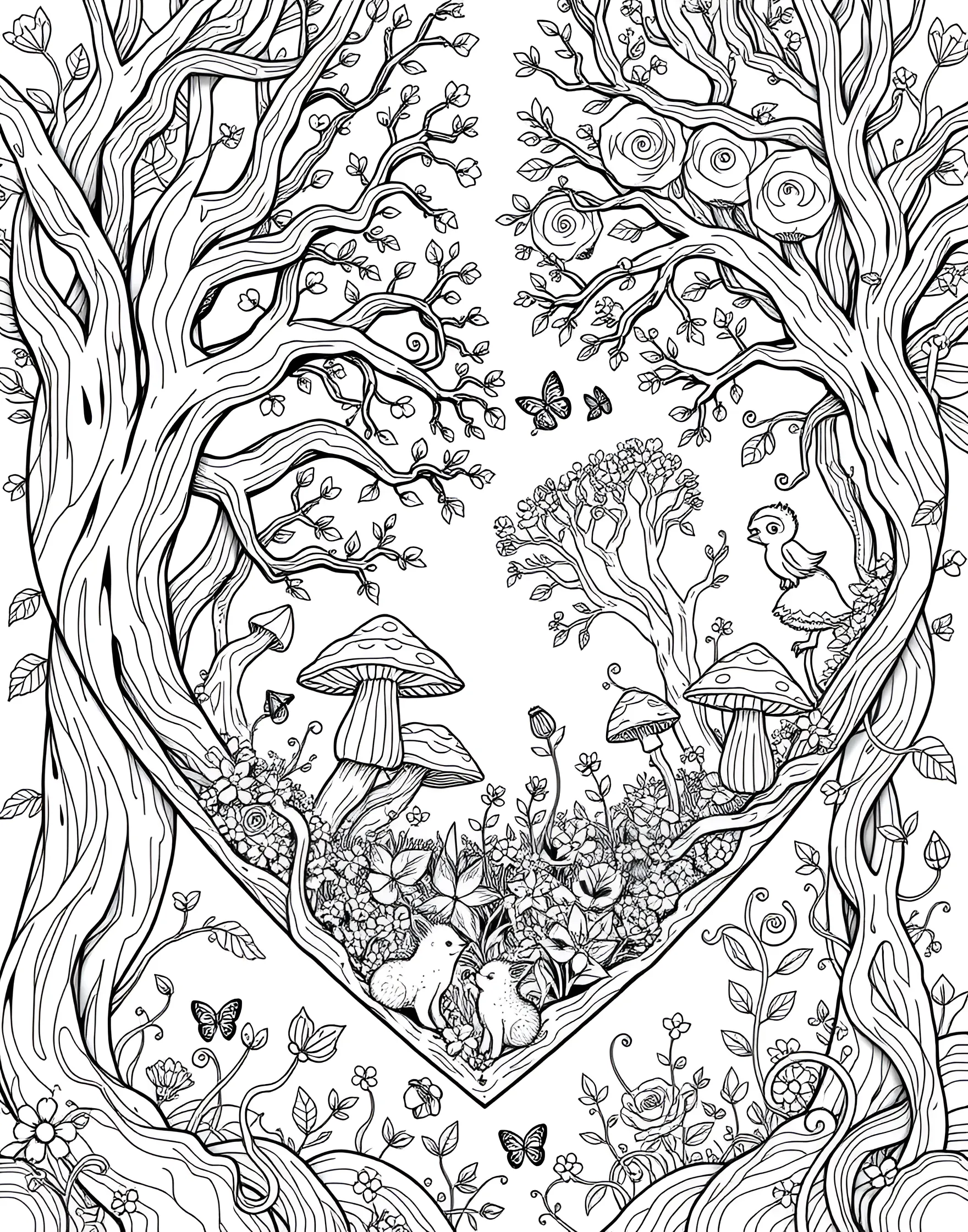 Enchanted Forest Heart Coloring Page -- prompt: "A heart containing an enchanted forest scene with whimsical trees, mushrooms, and forest creatures." -- This magical coloring page showcases a heart filled with an enchanted forest scene. Whimsical trees, mushrooms, and forest creatures are nestled within the heart shape, creating a fairytale-like atmosphere. This page is ideal for nature lovers and those who find romance in the mystery of forests.