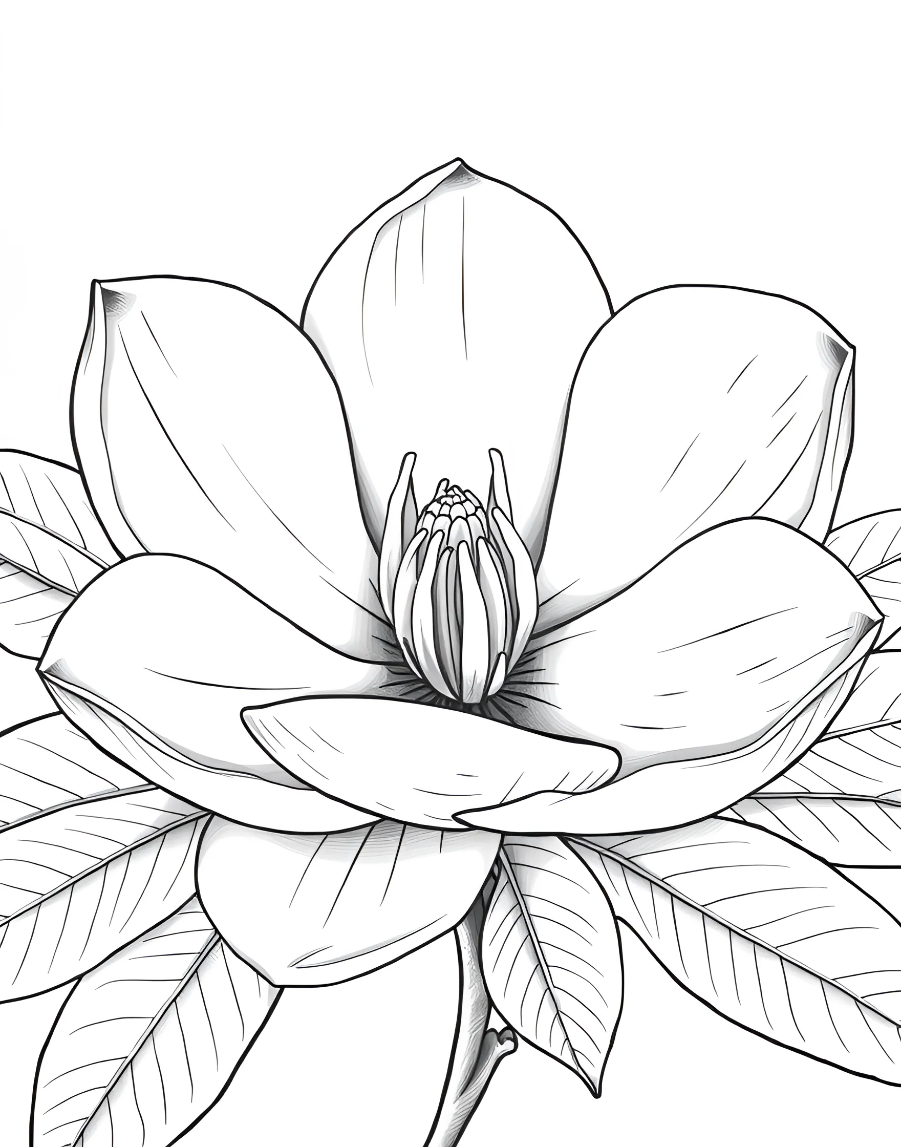 Majestic Magnolia Blossom Coloring Page -- prompt: "A close-up view of a large magnolia flower with its distinctive petals and leaves." -- Experience the grandeur of magnolias with this majestic blossom coloring page. Large, luxurious petals and glossy leaves offer a chance to create a stunning floral masterpiece. This page is ideal for those who appreciate the beauty of larger-than-life blooms and enjoy working with bold shapes.