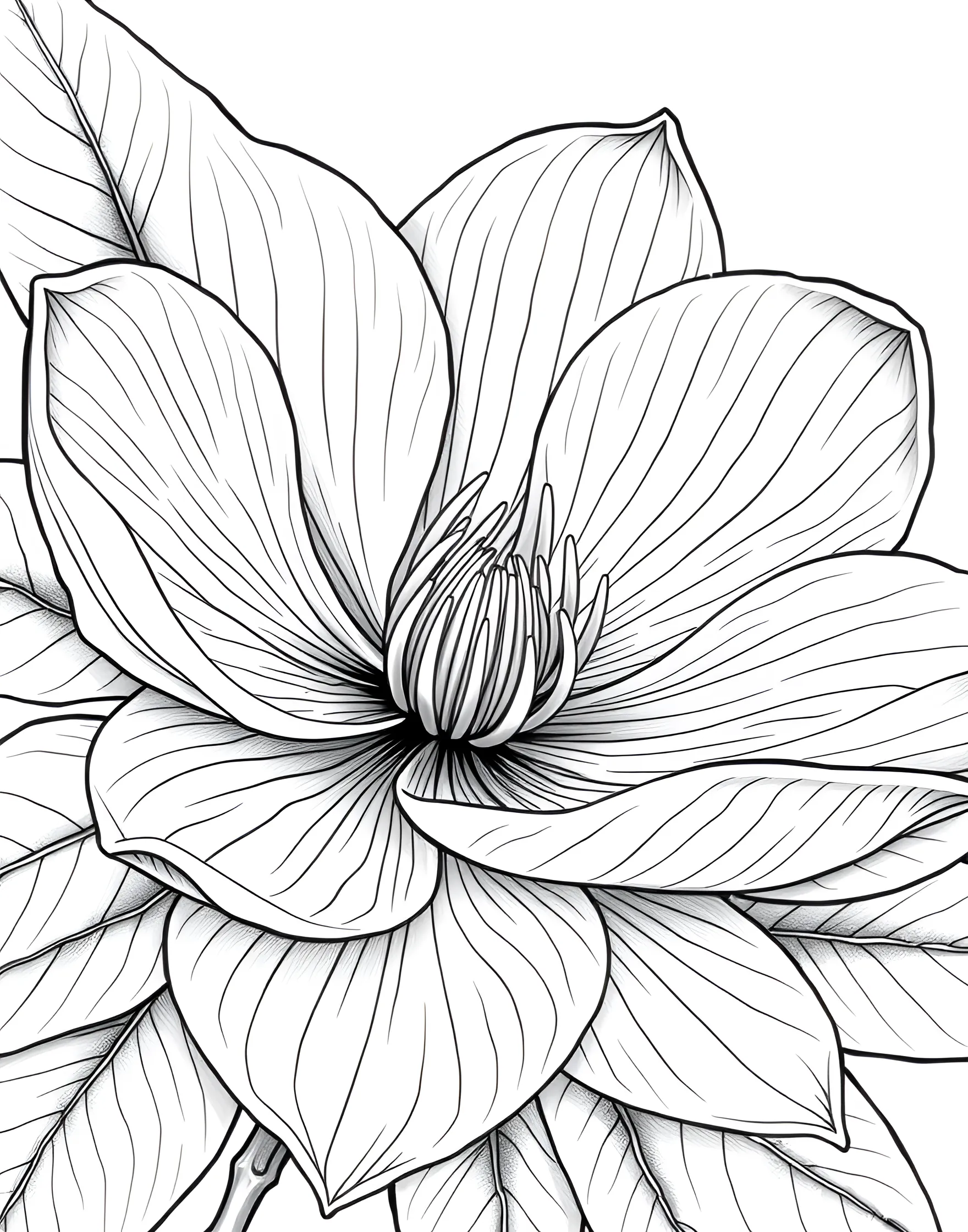 Majestic Magnolia Blossom Coloring Page -- prompt: "A close-up view of a large magnolia flower with its distinctive petals and leaves." -- Experience the grandeur of magnolias with this majestic blossom coloring page. Large, luxurious petals and glossy leaves offer a chance to create a stunning floral masterpiece. This page is ideal for those who appreciate the beauty of larger-than-life blooms and enjoy working with bold shapes.