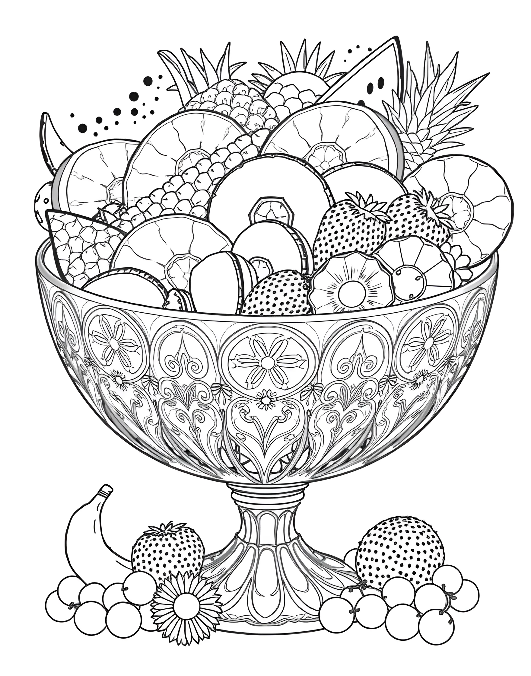 Fruit Salad Splash Coloring Page -- prompt: "A large bowl filled with a variety of sliced fruits, creating a colorful fruit salad." -- Dive into a world of freshness with this fruit salad coloring page. A large bowl is filled with a variety of colorful fruits, creating a vibrant and healthy image. It's an excellent opportunity to use a wide range of colors and learn about different fruits.