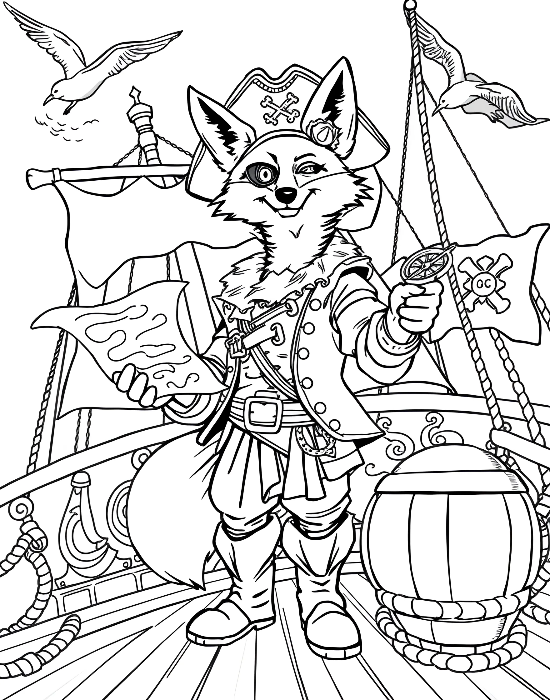 Fox Pirate Captain on a Ship Coloring Page -- prompt: "A fox dressed as a pirate captain standing on a ship's deck with a treasure map." -- Set sail for adventure with this swashbuckling coloring page of a fox pirate captain. The fox is standing proudly on the deck of a ship, complete with an eye patch, pirate hat, and treasure map. It's an exciting page for those who enjoy maritime themes and adding bold, vibrant colors to their work.