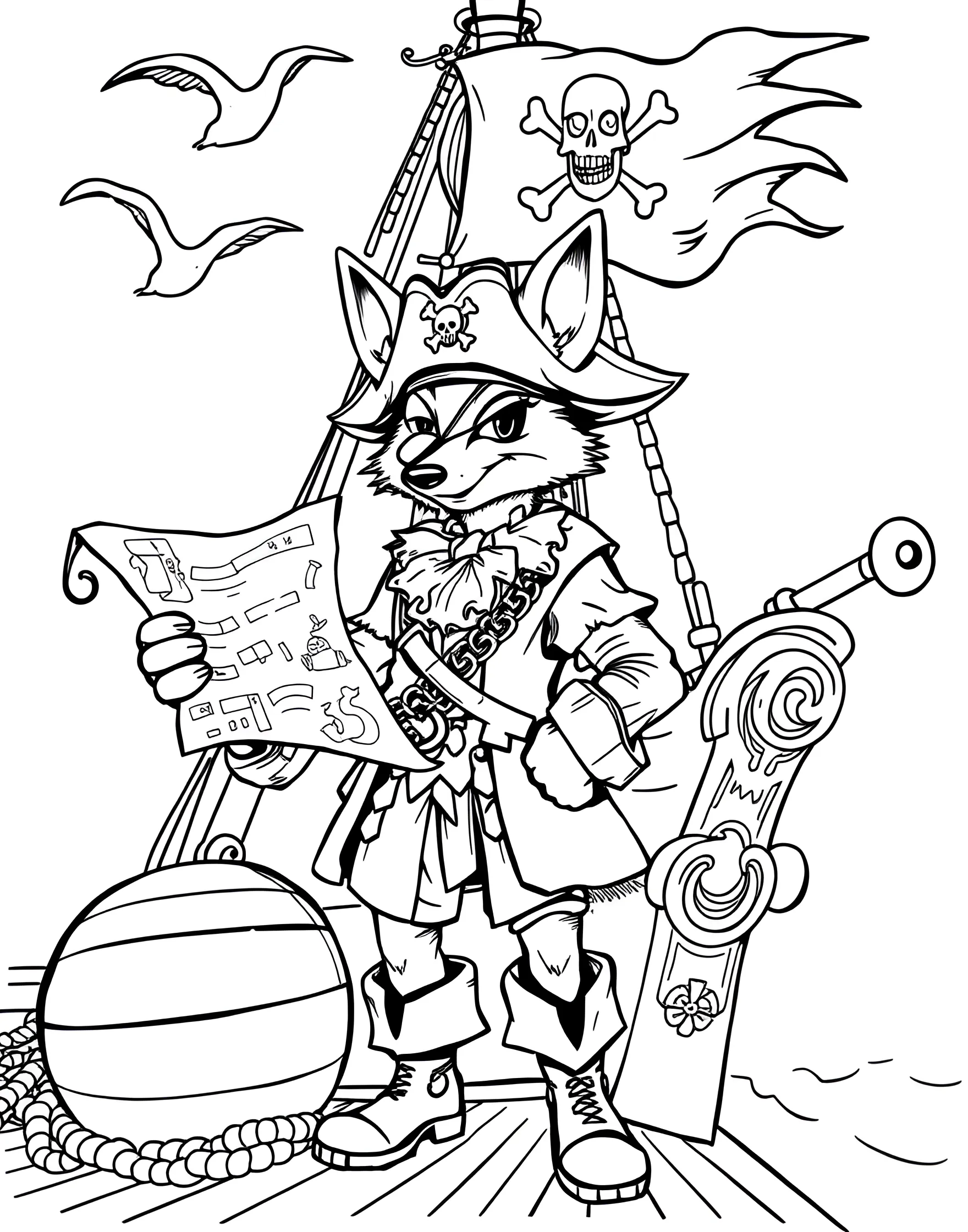 Fox Pirate Captain on a Ship Coloring Page -- prompt: "A fox dressed as a pirate captain standing on a ship's deck with a treasure map." -- Set sail for adventure with this swashbuckling coloring page of a fox pirate captain. The fox is standing proudly on the deck of a ship, complete with an eye patch, pirate hat, and treasure map. It's an exciting page for those who enjoy maritime themes and adding bold, vibrant colors to their work.