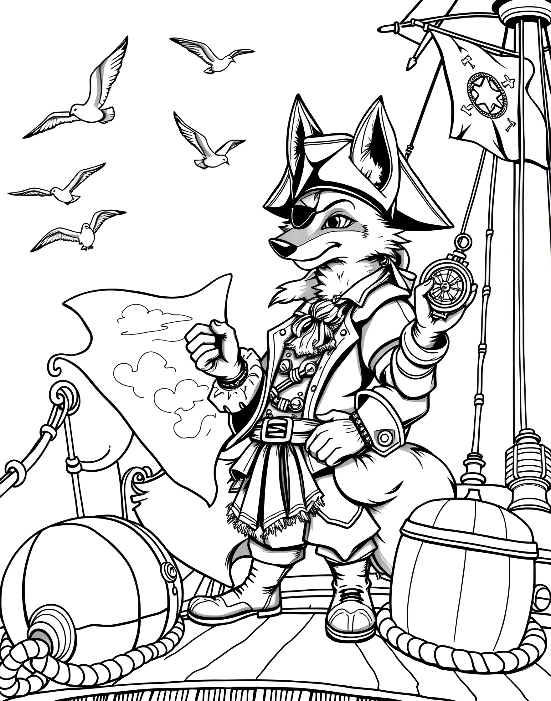 Fox Pirate Captain on a Ship Coloring Page -- prompt: "A fox dressed as a pirate captain standing on a ship's deck with a treasure map." -- Set sail for adventure with this swashbuckling coloring page of a fox pirate captain. The fox is standing proudly on the deck of a ship, complete with an eye patch, pirate hat, and treasure map. It's an exciting page for those who enjoy maritime themes and adding bold, vibrant colors to their work.