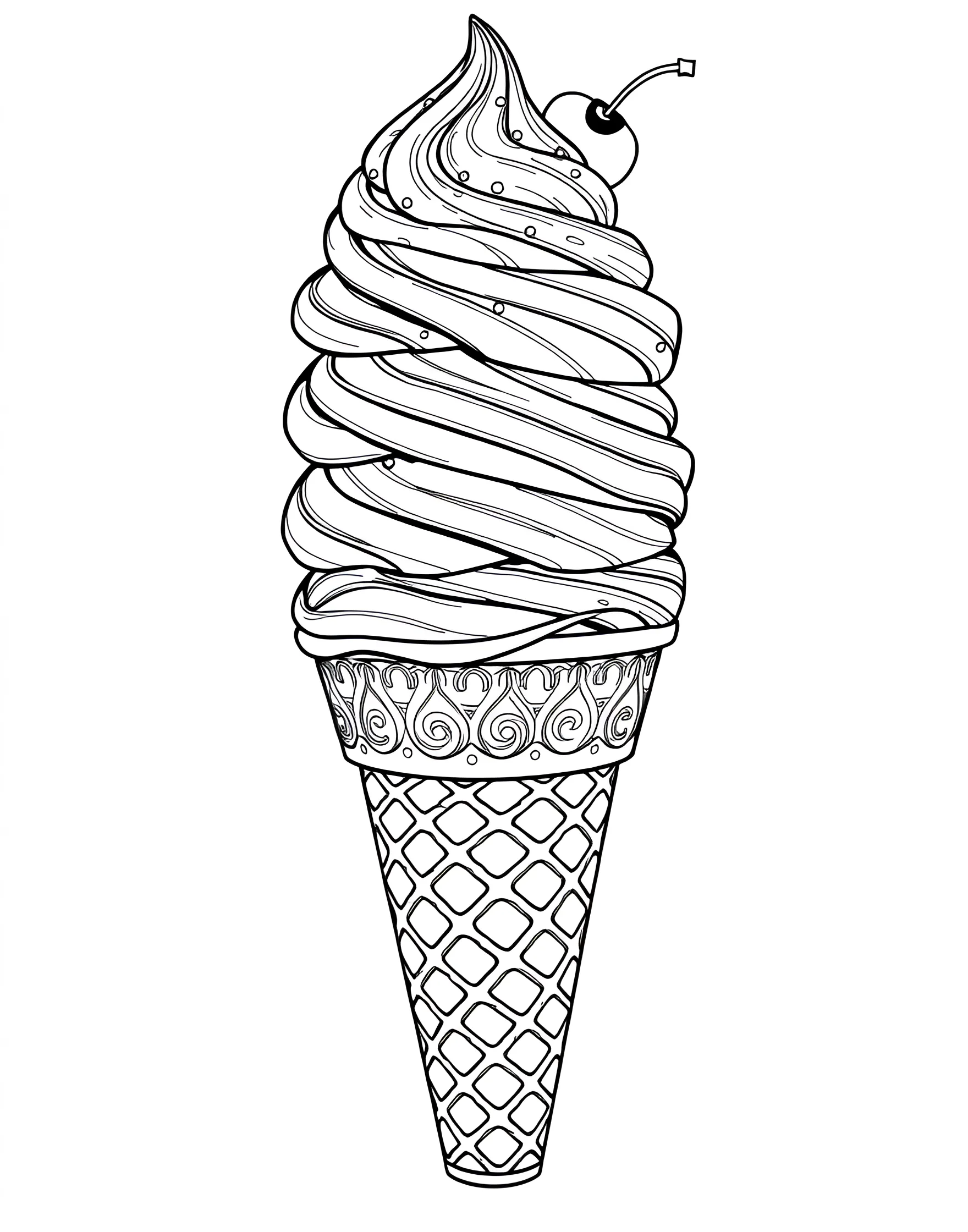 Soft Serve Swirl Magic Coloring Page -- prompt: "A large, perfectly swirled soft serve ice cream cone with intricate spiral patterns." -- Experience the mesmerizing beauty of soft serve ice cream with this swirly delight. The perfect spiral of creamy goodness sits atop a crisp cone, waiting to be adorned with your chosen colors. This page offers a soothing, almost hypnotic design that's perfect for relaxation through coloring.