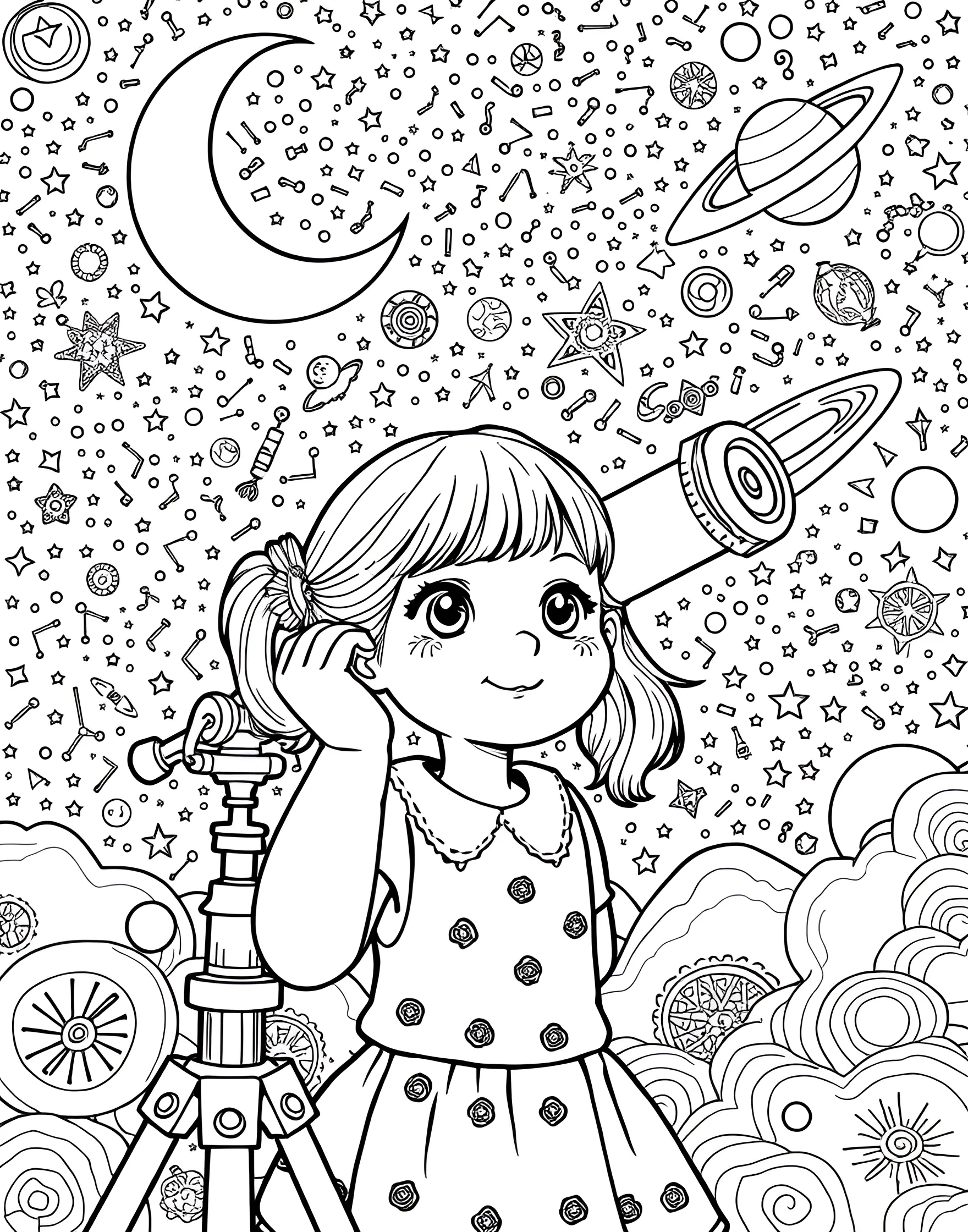 Girl Astronomer Stargazing Coloring Page -- prompt: "A girl looking through a telescope at a starry night sky with visible planets and constellations." -- Explore the wonders of the night sky with this captivating astronomer coloring page. A young girl peers through a telescope, surrounded by stars, planets, and constellations. The detailed celestial bodies and astronomy equipment provide an excellent opportunity for creative coloring and learning about space.