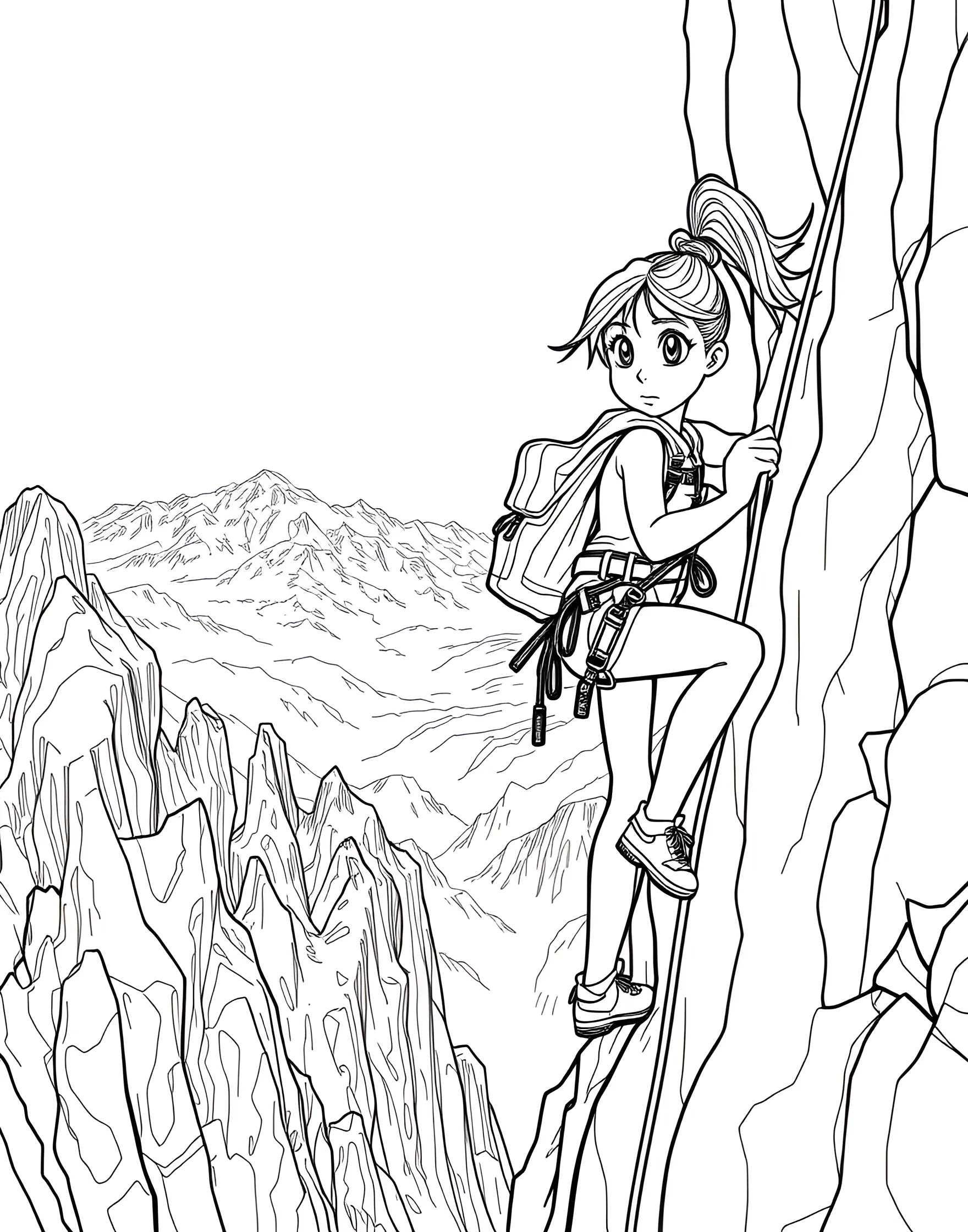 Girl Mountain Climber Scaling a Peak Coloring Page -- prompt: "A girl mountain climber scaling a steep cliff face with mountains in the background." -- Reach new heights with this adventurous coloring page of a girl mountain climber. She's shown scaling a rocky cliff face, with breathtaking views behind her. This page celebrates courage, determination, and a love for the great outdoors.