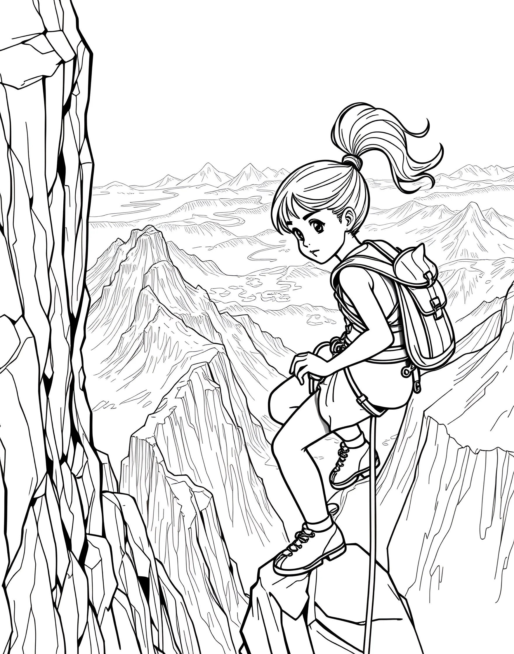 Girl Mountain Climber Scaling a Peak Coloring Page -- prompt: "A girl mountain climber scaling a steep cliff face with mountains in the background." -- Reach new heights with this adventurous coloring page of a girl mountain climber. She's shown scaling a rocky cliff face, with breathtaking views behind her. This page celebrates courage, determination, and a love for the great outdoors.