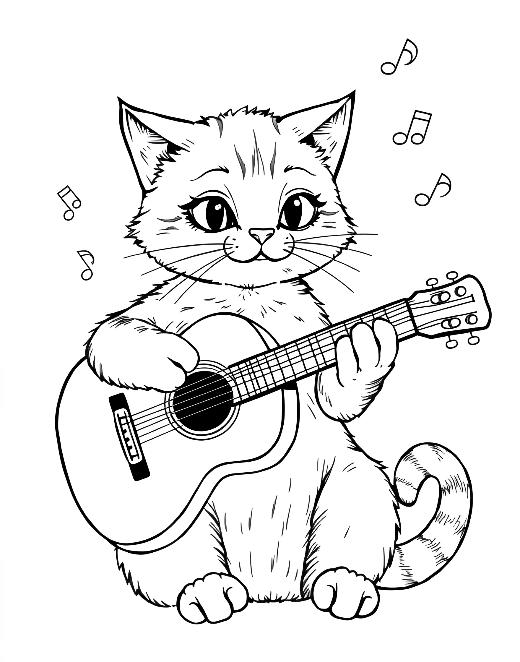 Cat Playing Guitar Coloring Page -- prompt: "A cat sitting upright, holding and playing an acoustic guitar." -- This musical coloring page shows a cat strumming a guitar. The cat's focused expression and the guitar's details create a lively, melodious scene. It's ideal for music lovers and those who enjoy seeing cats in human-like activities.