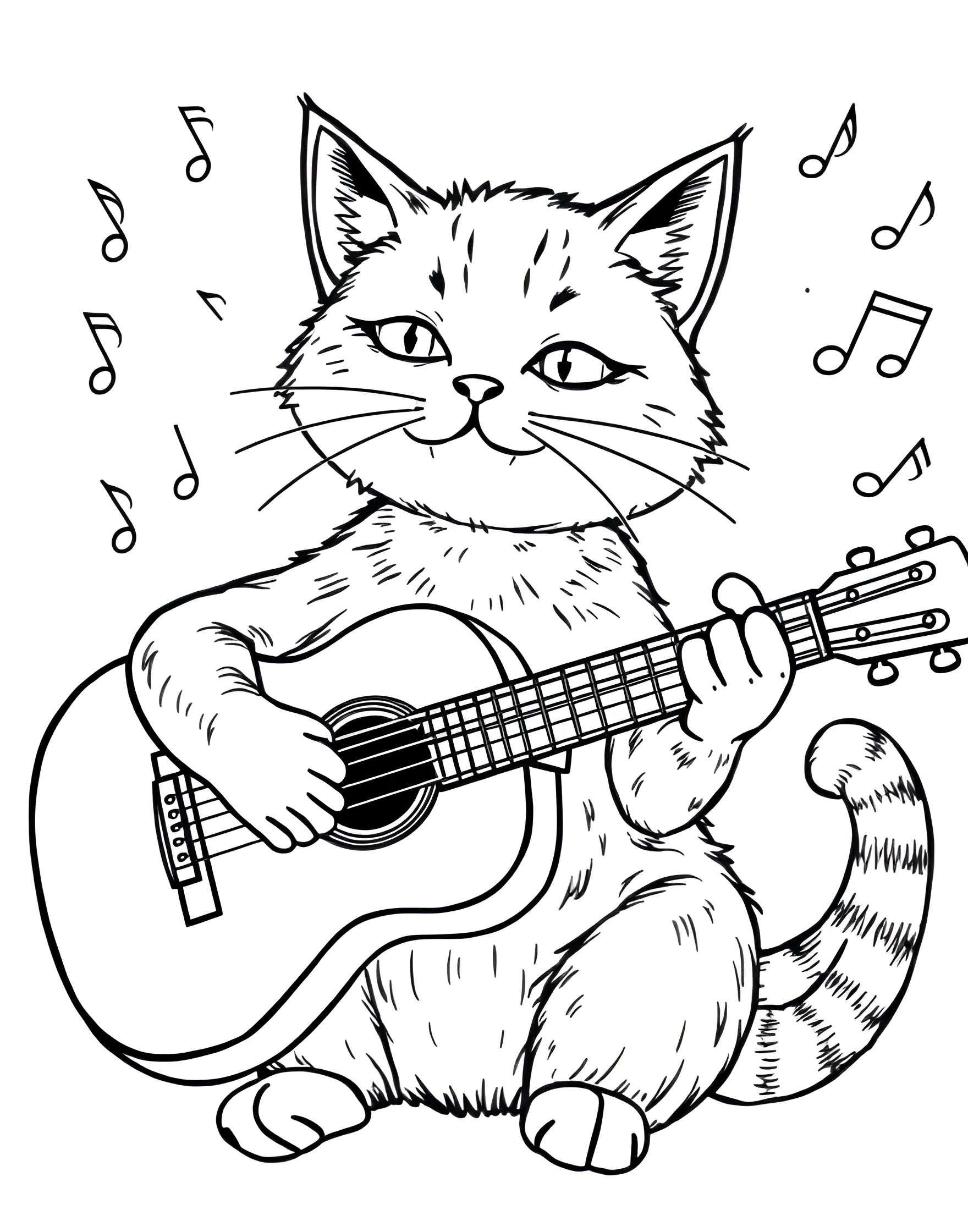 Cat Playing Guitar Coloring Page -- prompt: "A cat sitting upright, holding and playing an acoustic guitar." -- This musical coloring page shows a cat strumming a guitar. The cat's focused expression and the guitar's details create a lively, melodious scene. It's ideal for music lovers and those who enjoy seeing cats in human-like activities.