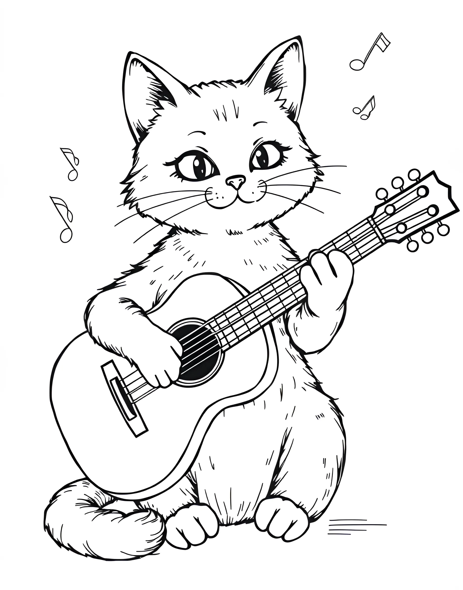 Cat Playing Guitar Coloring Page -- prompt: "A cat sitting upright, holding and playing an acoustic guitar." -- This musical coloring page shows a cat strumming a guitar. The cat's focused expression and the guitar's details create a lively, melodious scene. It's ideal for music lovers and those who enjoy seeing cats in human-like activities.