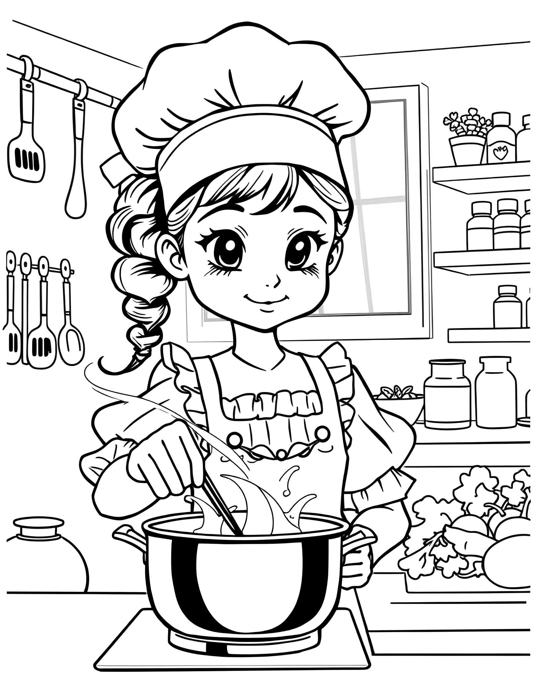 Girl Chef in the Kitchen Coloring Page -- prompt: "A girl in a chef's hat and apron cooking in a kitchen filled with utensils and ingredients." -- Inspire culinary creativity with this charming coloring page of a girl chef in her kitchen. Wearing a chef's hat and apron, she's surrounded by cooking utensils, ingredients, and a recipe book. The kitchen scene offers numerous elements to color, from pots and pans to fruits and vegetables.