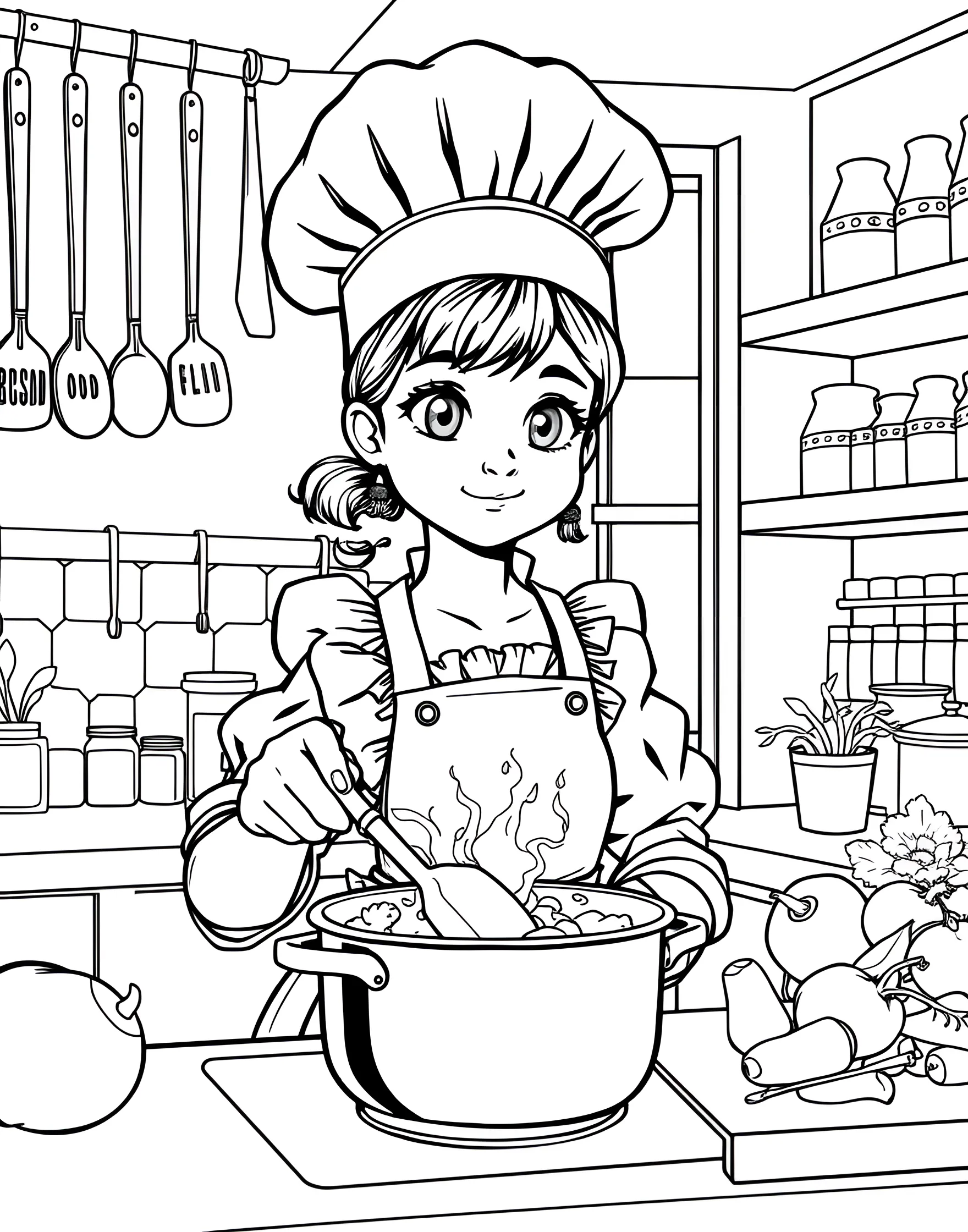 Girl Chef in the Kitchen Coloring Page -- prompt: "A girl in a chef's hat and apron cooking in a kitchen filled with utensils and ingredients." -- Inspire culinary creativity with this charming coloring page of a girl chef in her kitchen. Wearing a chef's hat and apron, she's surrounded by cooking utensils, ingredients, and a recipe book. The kitchen scene offers numerous elements to color, from pots and pans to fruits and vegetables.