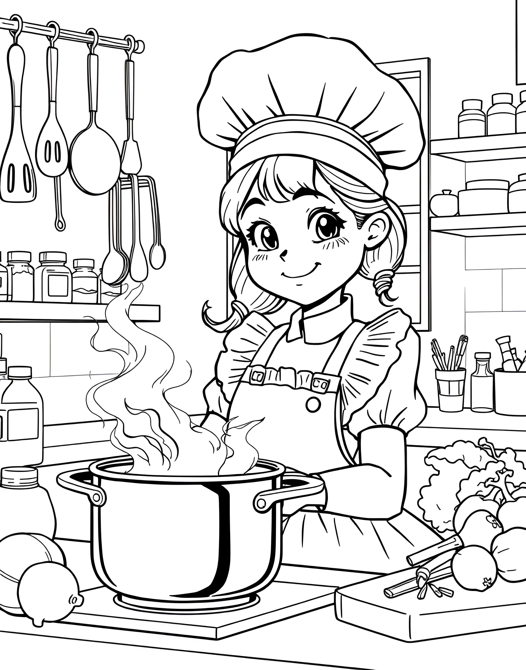 Girl Chef in the Kitchen Coloring Page -- prompt: "A girl in a chef's hat and apron cooking in a kitchen filled with utensils and ingredients." -- Inspire culinary creativity with this charming coloring page of a girl chef in her kitchen. Wearing a chef's hat and apron, she's surrounded by cooking utensils, ingredients, and a recipe book. The kitchen scene offers numerous elements to color, from pots and pans to fruits and vegetables.