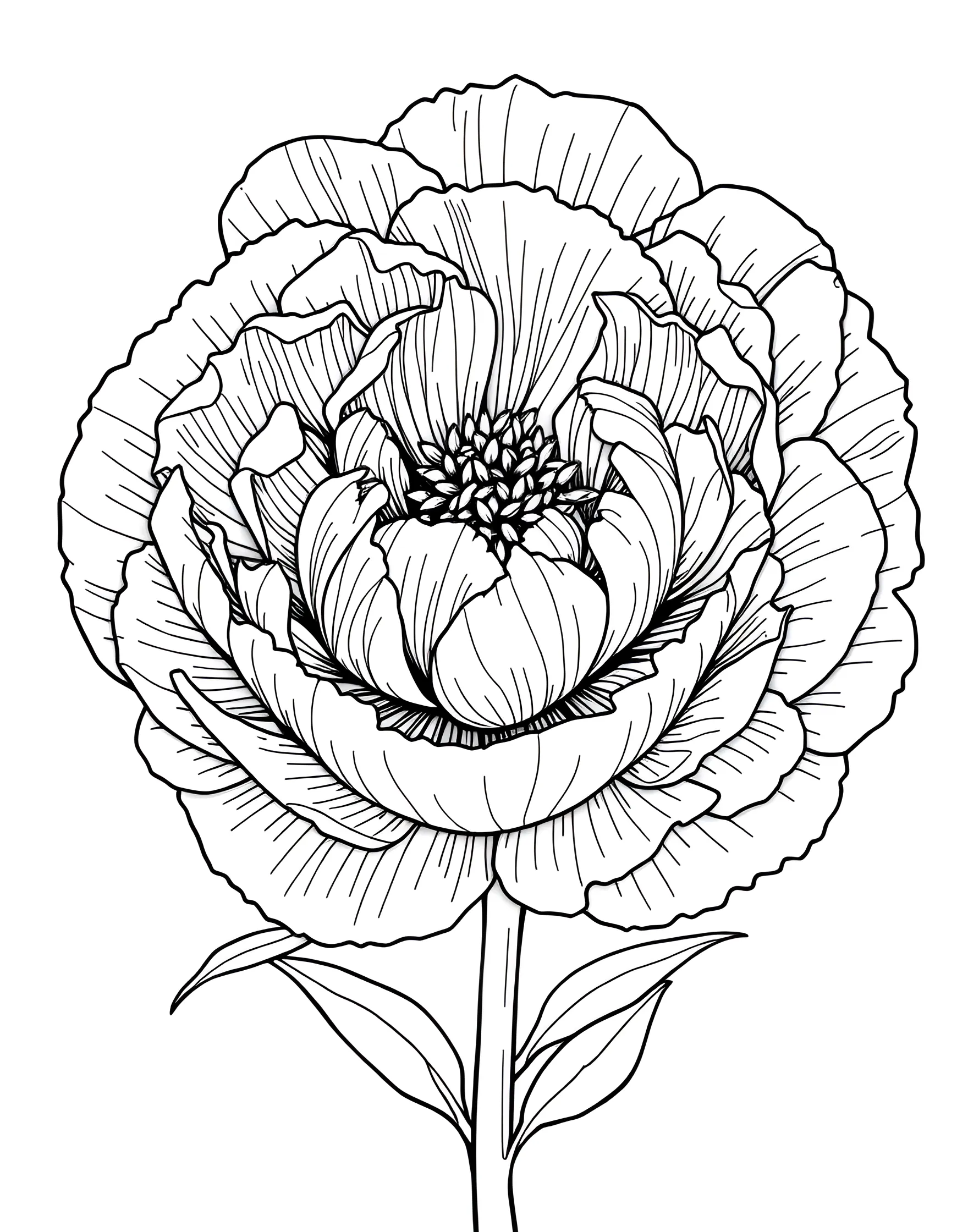 Elegant Peony Bloom Coloring Page -- prompt: "A close-up of a large peony flower with its many layered petals." -- Indulge in the lush beauty of peonies with this elegant bloom coloring page. The full, ruffled petals of these beloved flowers offer a luxurious coloring experience. This page is ideal for those who enjoy creating depth and texture through layered coloring techniques.