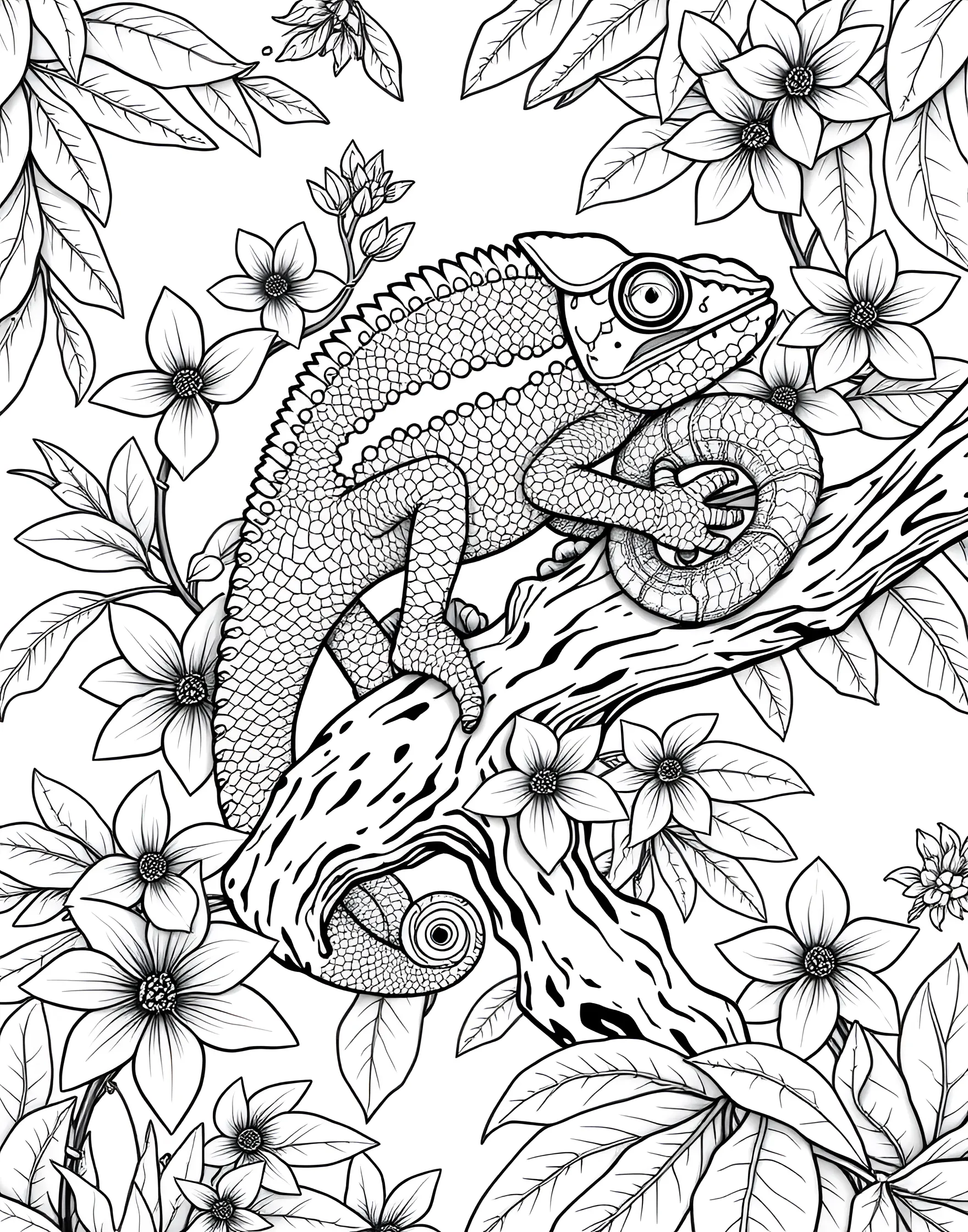 Colorful Chameleon Camouflage Coloring Page -- prompt: "A chameleon on a branch, partially camouflaged against leaves and flowers of various colors and patterns." -- Explore the fascinating world of camouflage with this unique coloring page featuring a chameleon. The reptile is shown blending into its leafy surroundings, demonstrating its remarkable ability to change colors. This page offers a creative challenge to match the chameleon's colors to its environment.