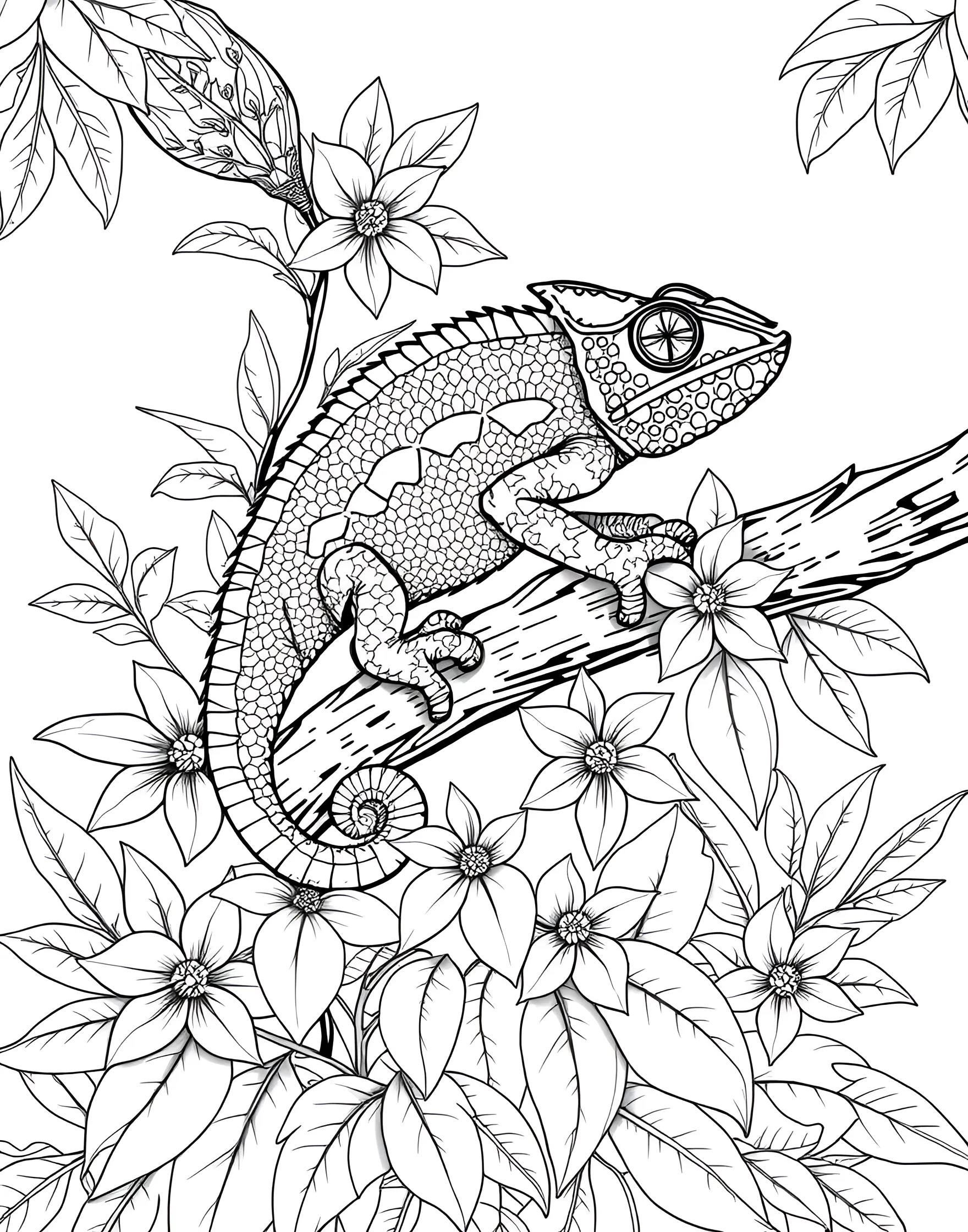 Colorful Chameleon Camouflage Coloring Page -- prompt: "A chameleon on a branch, partially camouflaged against leaves and flowers of various colors and patterns." -- Explore the fascinating world of camouflage with this unique coloring page featuring a chameleon. The reptile is shown blending into its leafy surroundings, demonstrating its remarkable ability to change colors. This page offers a creative challenge to match the chameleon's colors to its environment.