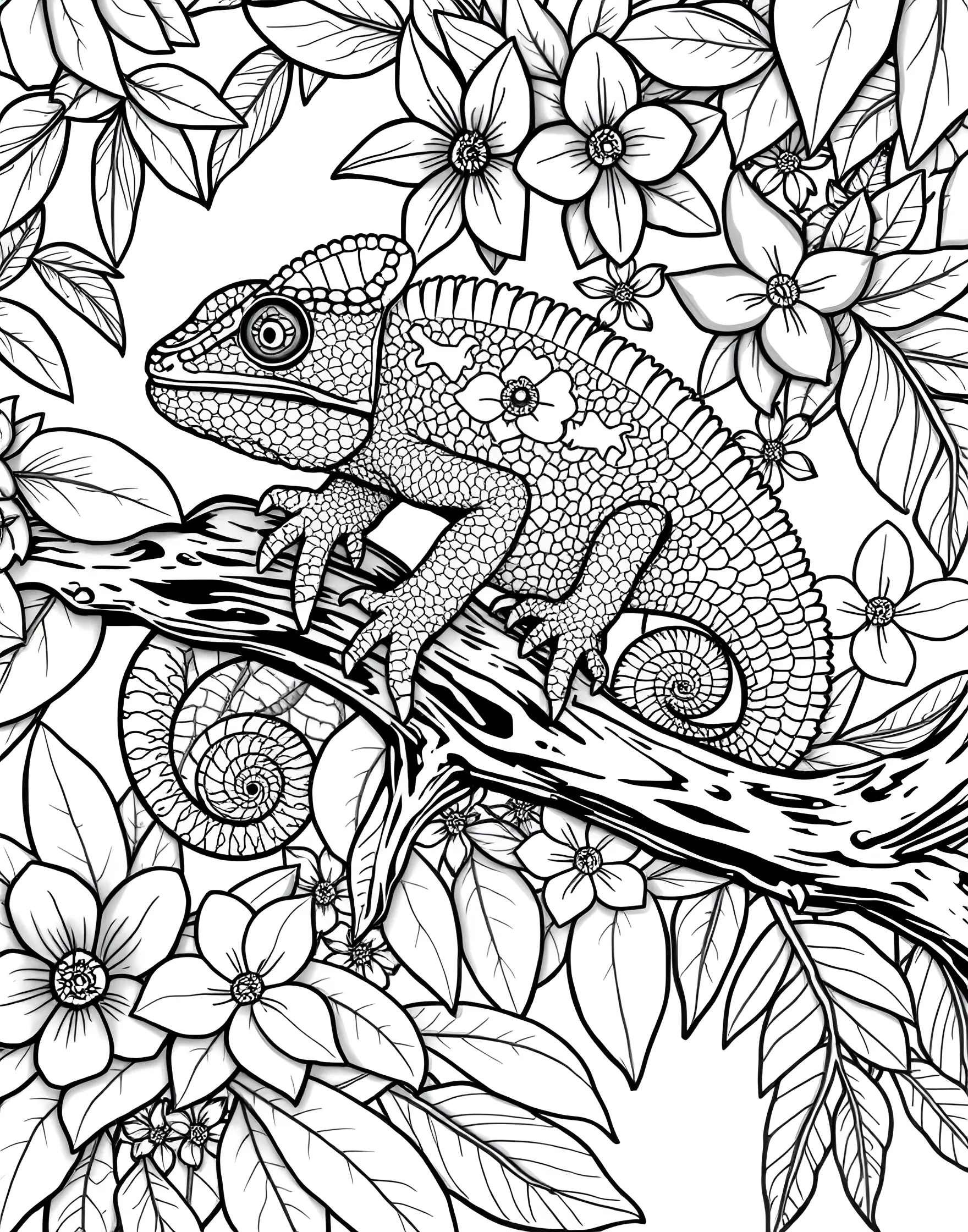 Colorful Chameleon Camouflage Coloring Page -- prompt: "A chameleon on a branch, partially camouflaged against leaves and flowers of various colors and patterns." -- Explore the fascinating world of camouflage with this unique coloring page featuring a chameleon. The reptile is shown blending into its leafy surroundings, demonstrating its remarkable ability to change colors. This page offers a creative challenge to match the chameleon's colors to its environment.