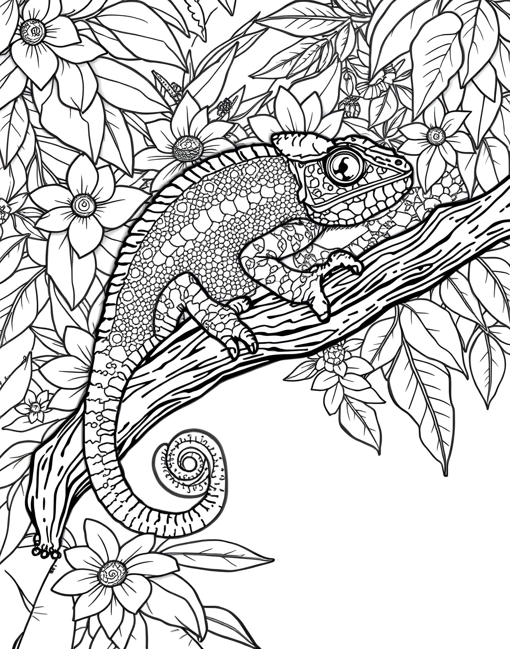 Colorful Chameleon Camouflage Coloring Page -- prompt: "A chameleon on a branch, partially camouflaged against leaves and flowers of various colors and patterns." -- Explore the fascinating world of camouflage with this unique coloring page featuring a chameleon. The reptile is shown blending into its leafy surroundings, demonstrating its remarkable ability to change colors. This page offers a creative challenge to match the chameleon's colors to its environment.